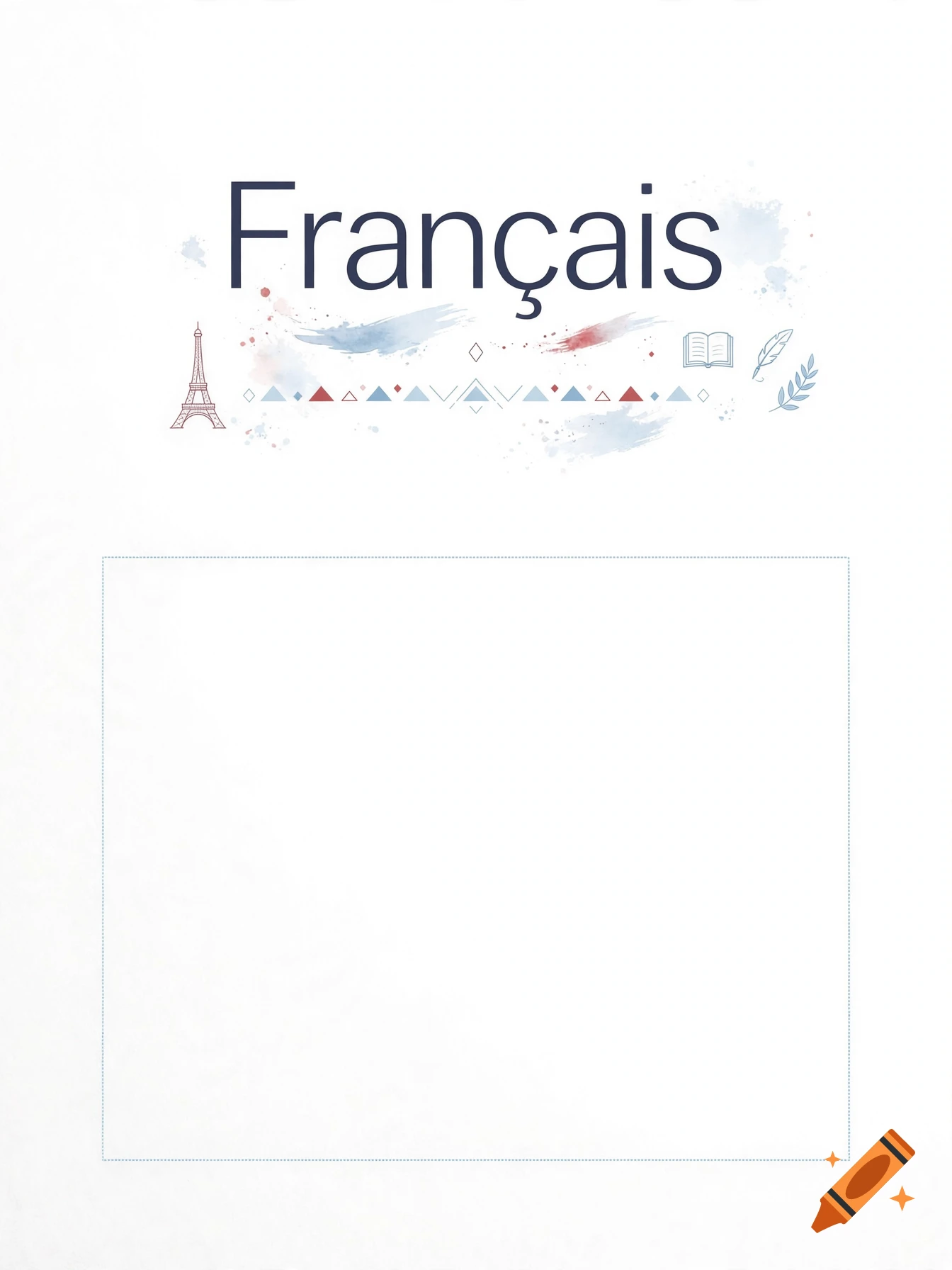 French notebook cover design with the word 'Français', Eiffel Tower sketch, and watercolor accents on a white background.