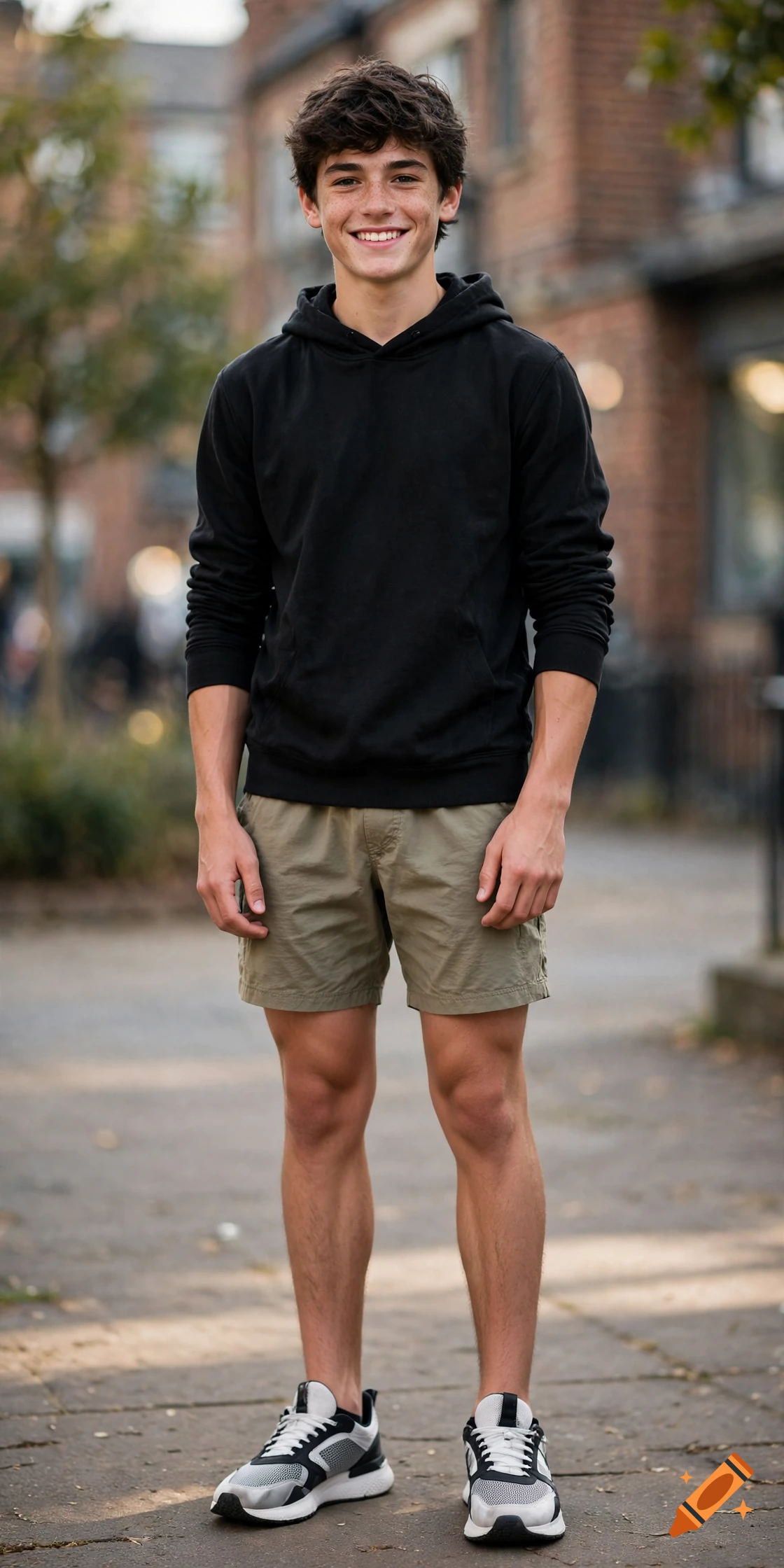 Photorealistic full-body portrait of a smiling teenage boy with dark hair and freckles, wearing a black hoodie and shorts outdoors.
