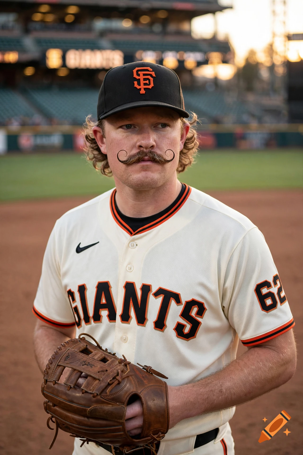 Photorealistic portrait of a baseball player with a distinctive handlebar mustache wearing a San Francisco Giants uniform at a stadium.