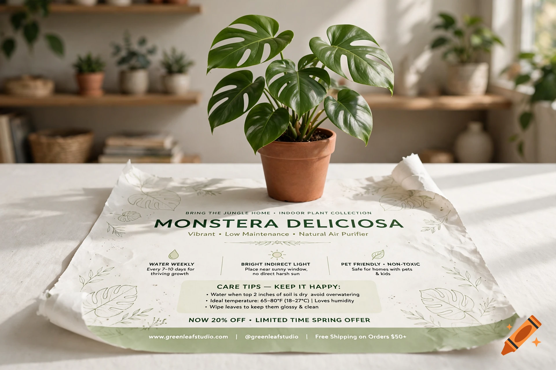 Photorealistic image of a Monstera Deliciosa plant in a terracotta pot resting on a printed plant care flyer on a white table.