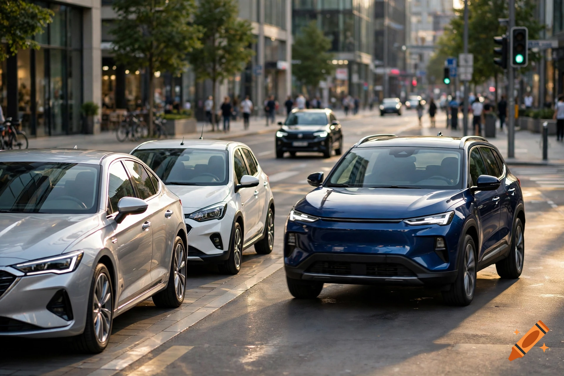 A photograph showing multiple cars driving down a city street lined with modern buildings and pedestrians.