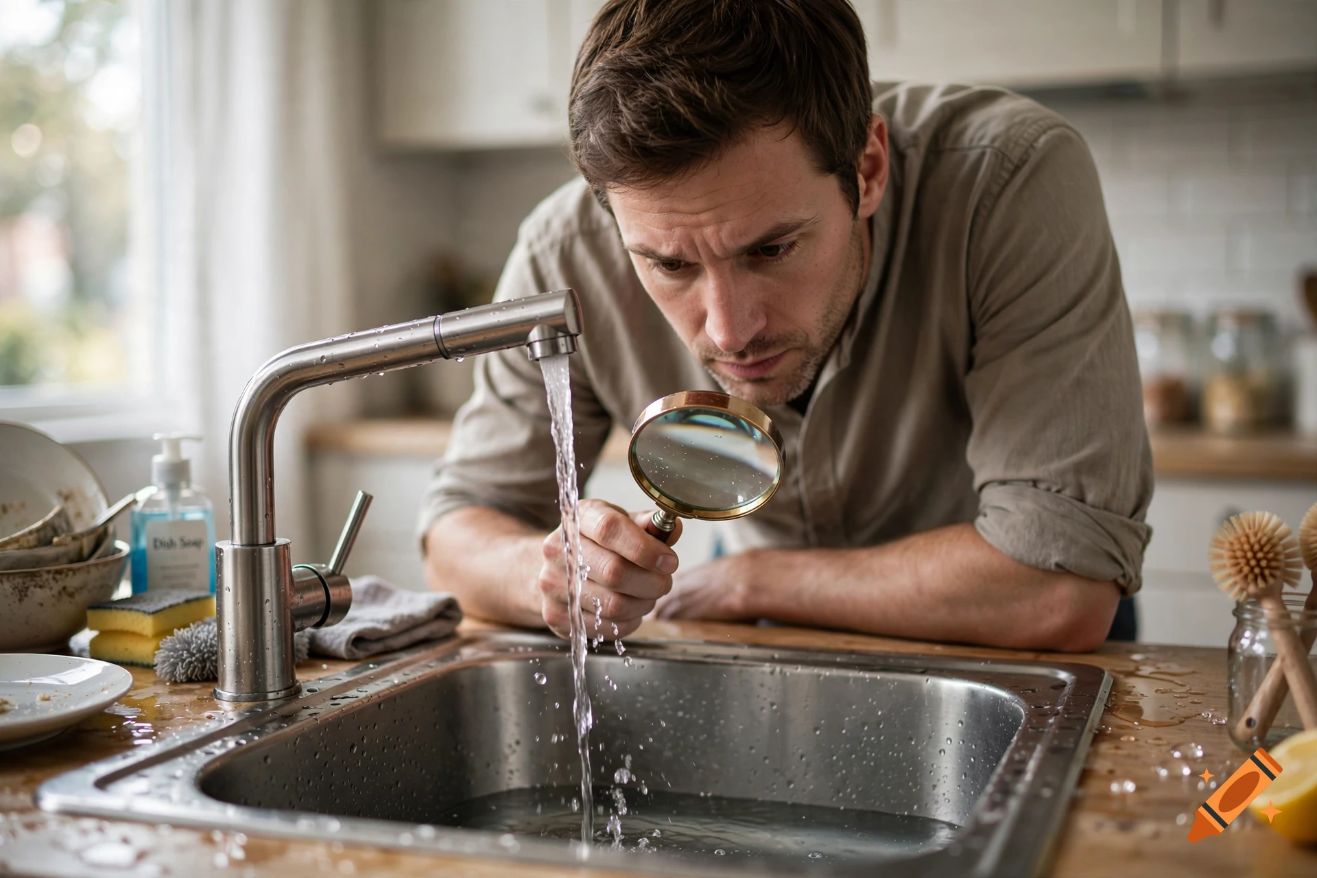 Photorealistic image of a man looking intently at tap water through a magnifying glass in a kitchen sink.