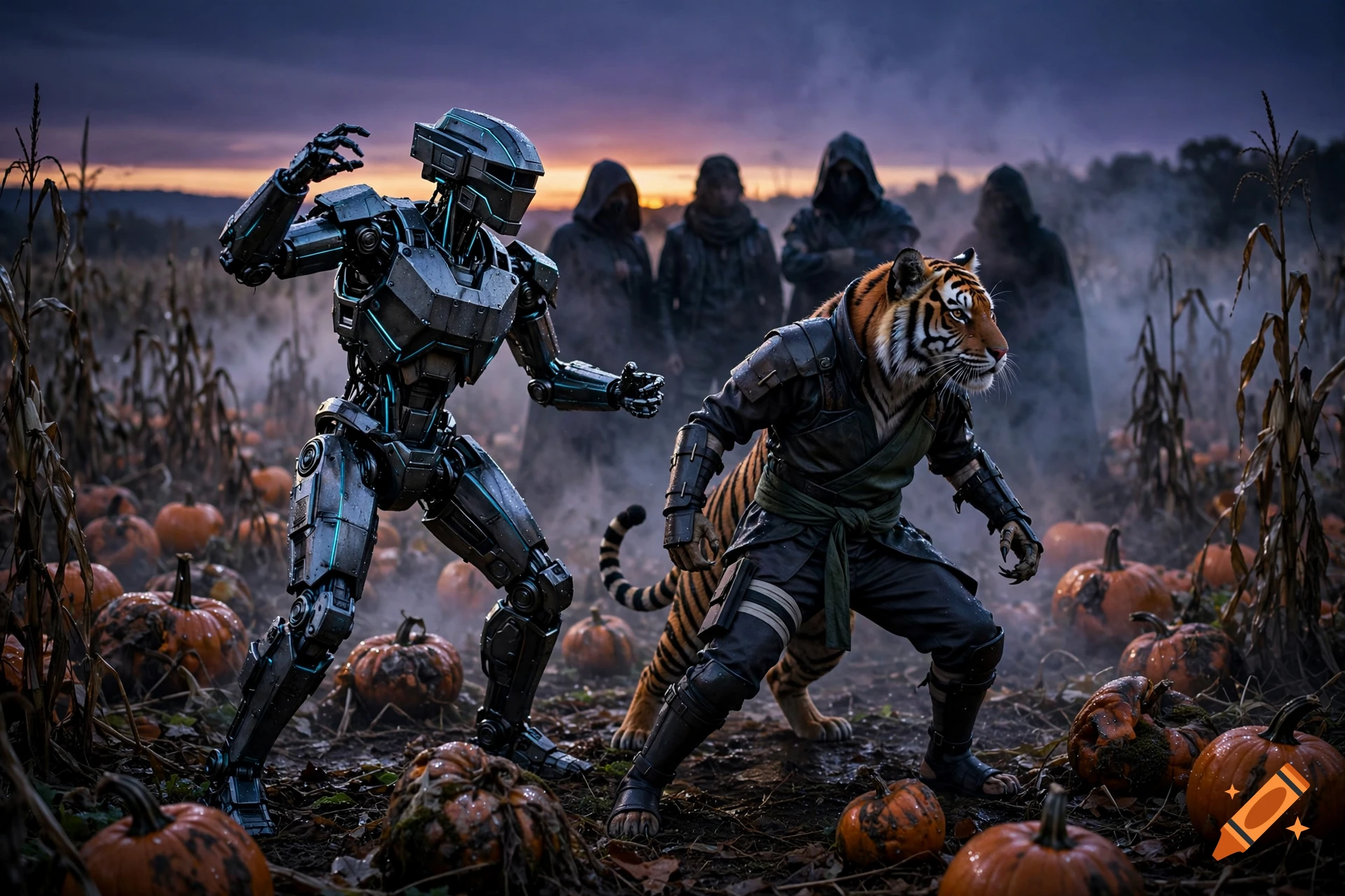 A photorealistic wide shot of a humanoid robot and an anthropomorphic female tiger in a spooky pumpkin patch at dusk, surrounded by dark figures.