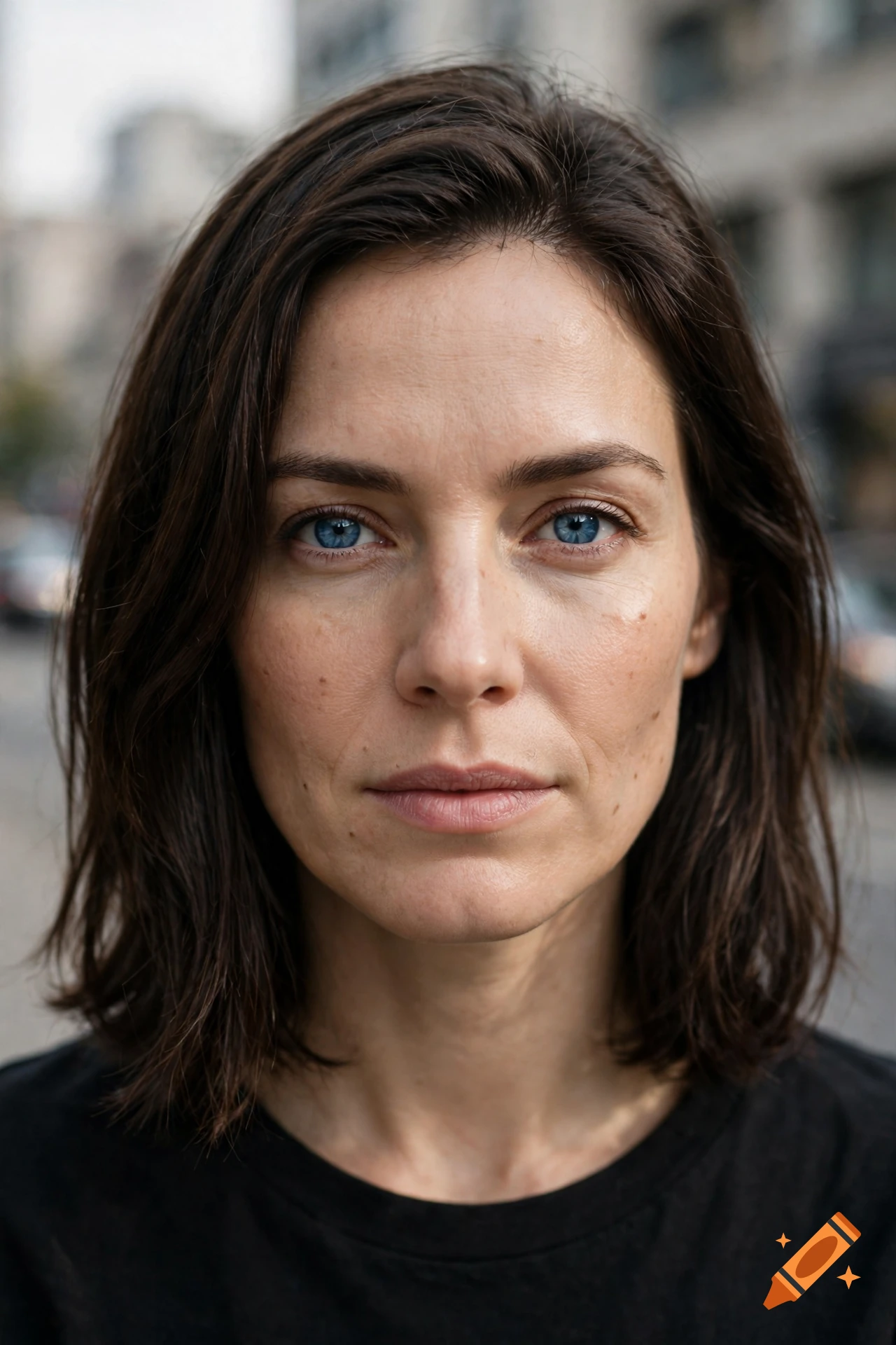 Close-up photorealistic portrait of a young woman with shoulder-length dark brown hair and striking blue eyes, outdoors.
