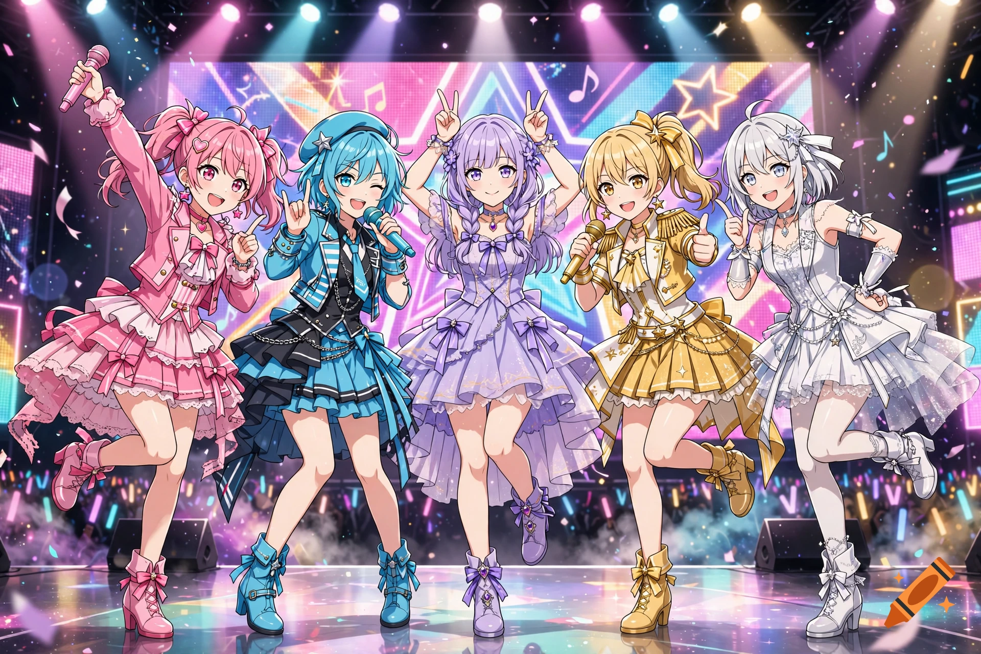 Five anime-style female performers in colorful dresses pose on a brightly lit concert stage with microphones and star-patterned background.