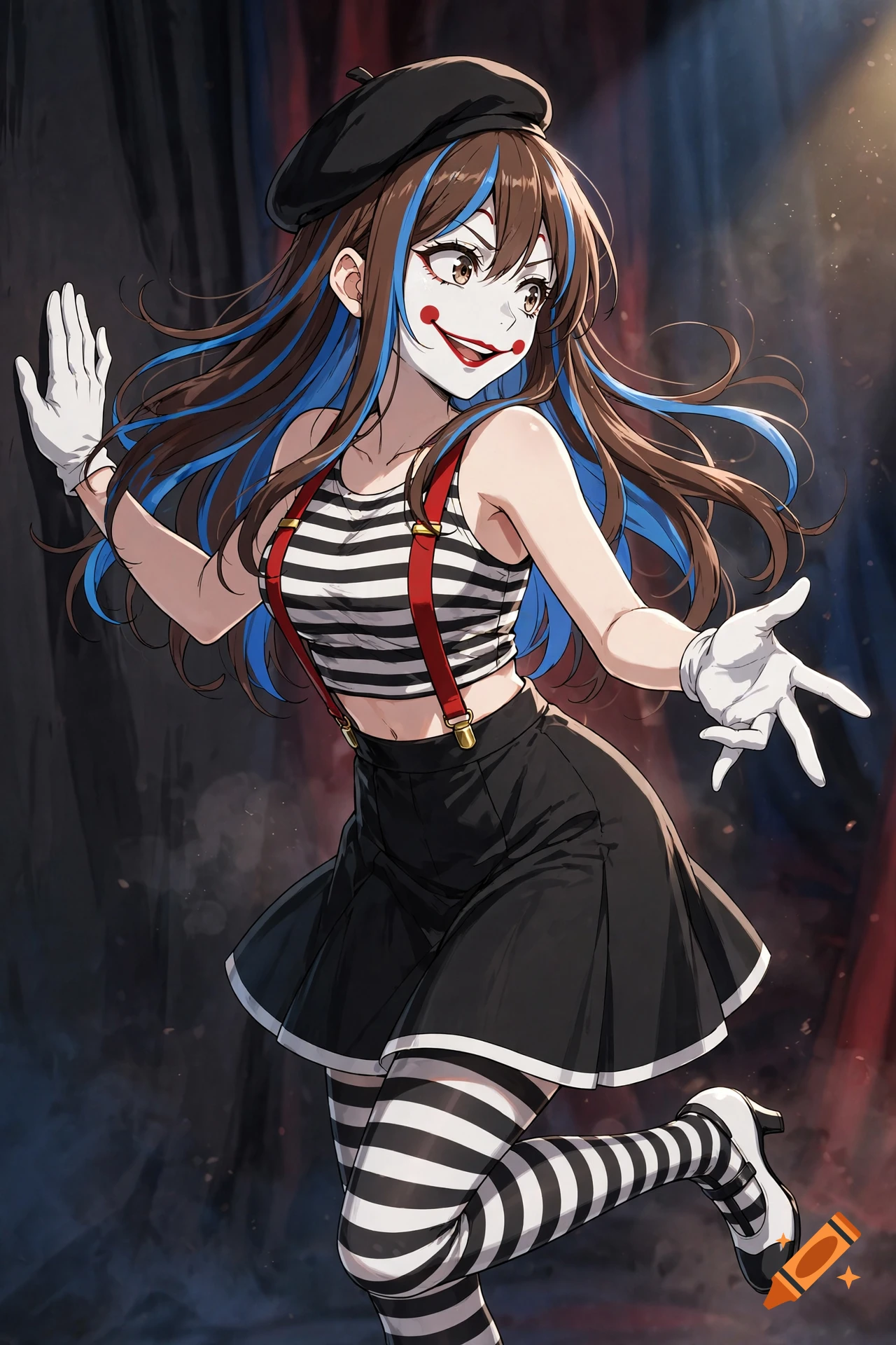Anime style illustration of a female mime with blue highlights in her brown hair, wearing a striped crop top, black skirt, and white face paint.