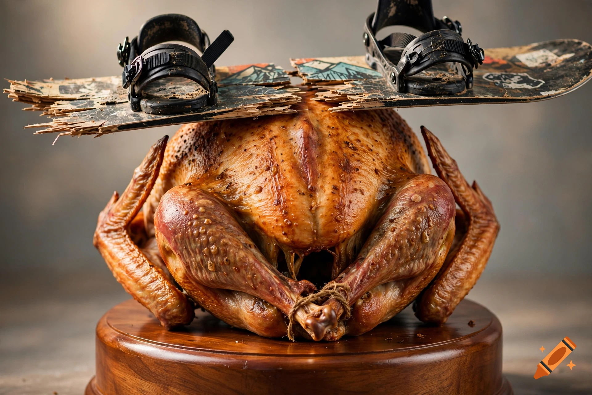 Photorealistic roasted turkey on a wooden stand with a broken snowboard and bindings on top.
