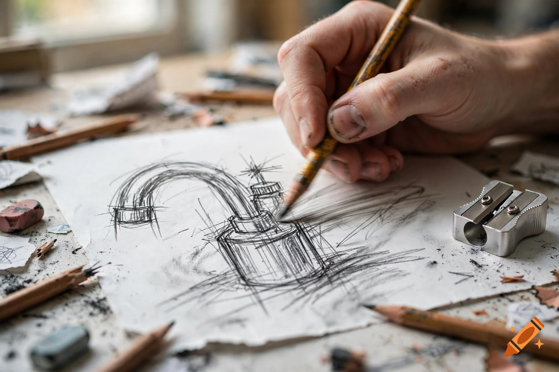 A close-up of a person's hand sketching a water tap on paper with a pencil, surrounded by art supplies on a wooden table.