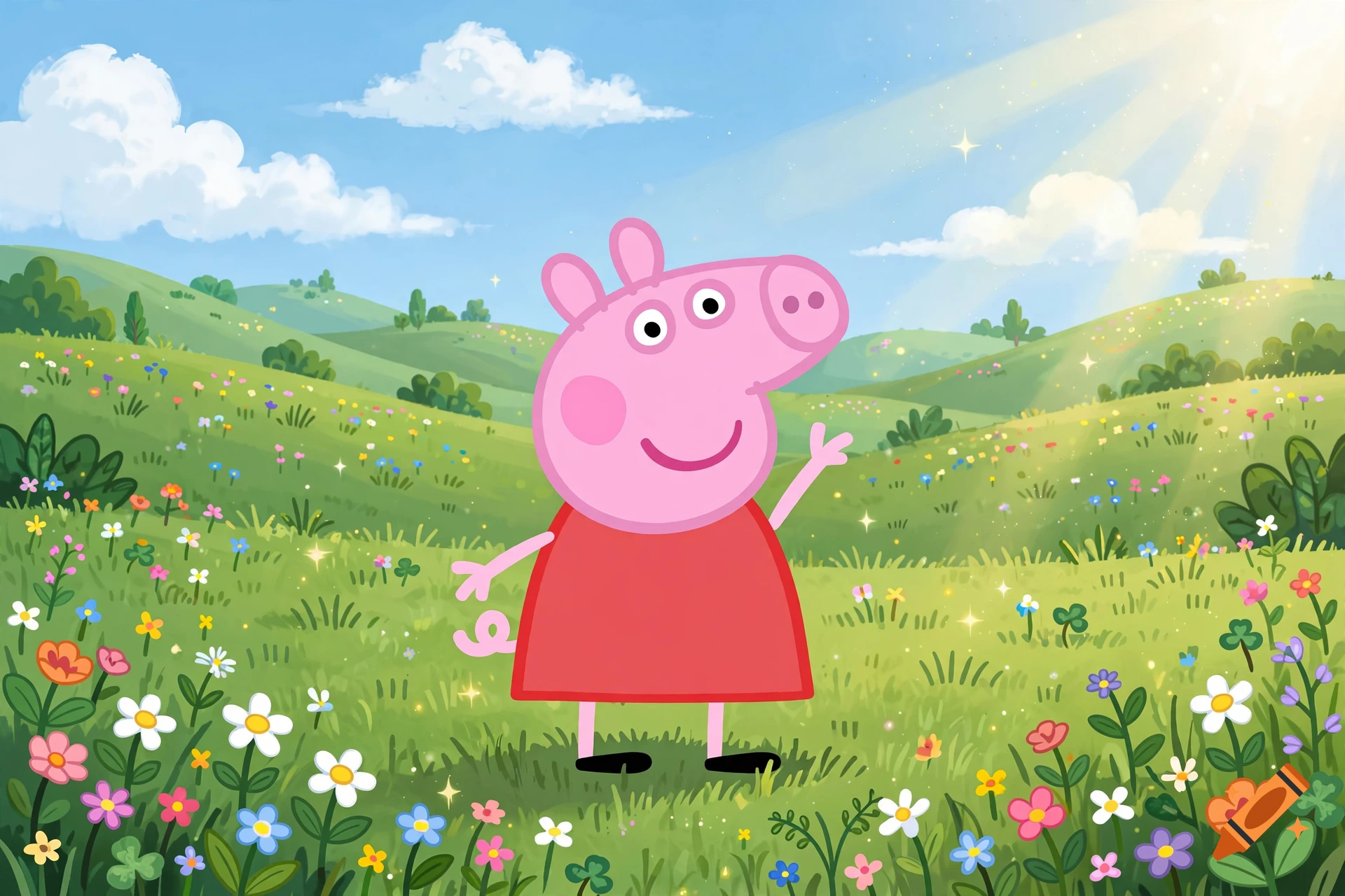 Peppa Pig standing in a sunny, green meadow filled with colorful flowers under a bright blue sky with fluffy clouds, digital illustration style.