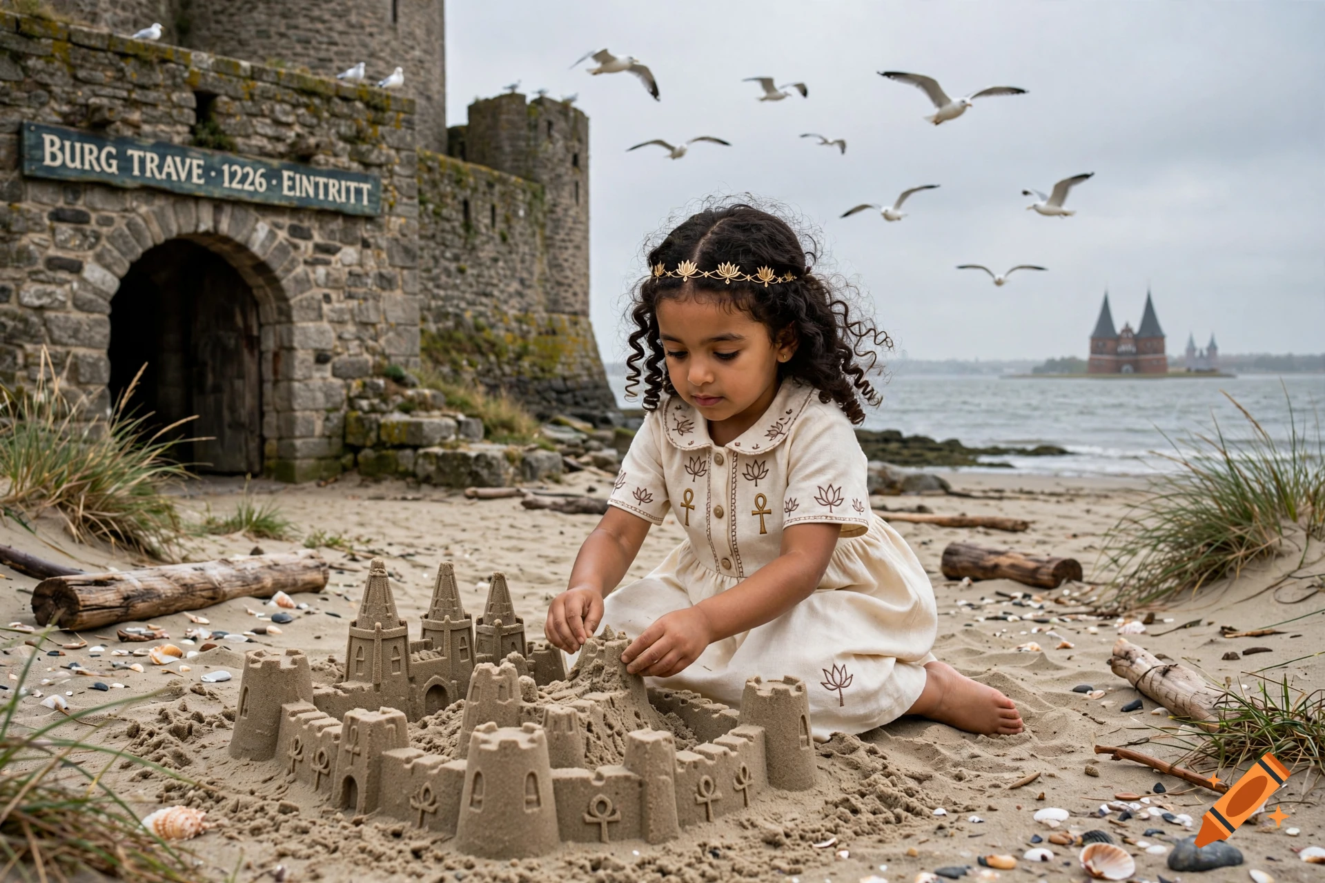 A young girl with curly hair wearing a gold crown and dress builds a sandcastle on a beach with a medieval stone fortress in the background.