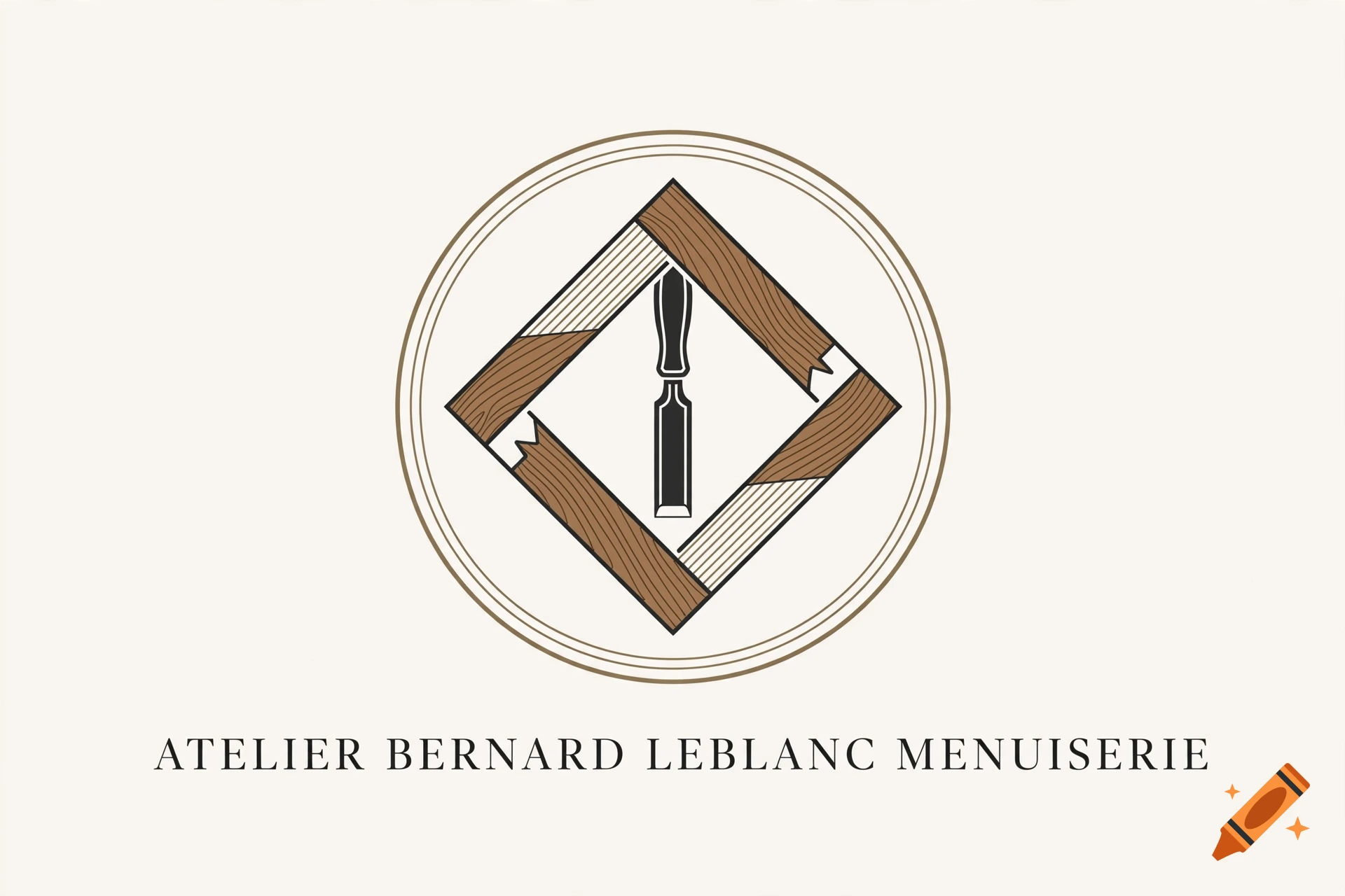 Logo for Atelier Bernard Leblanc Menuiserie featuring a chisel inside a square made of wood and a circle.