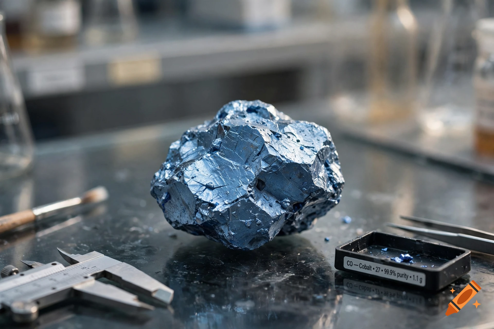 Photorealistic image of a shiny blue cobalt crystal on a laboratory table with measuring tools.