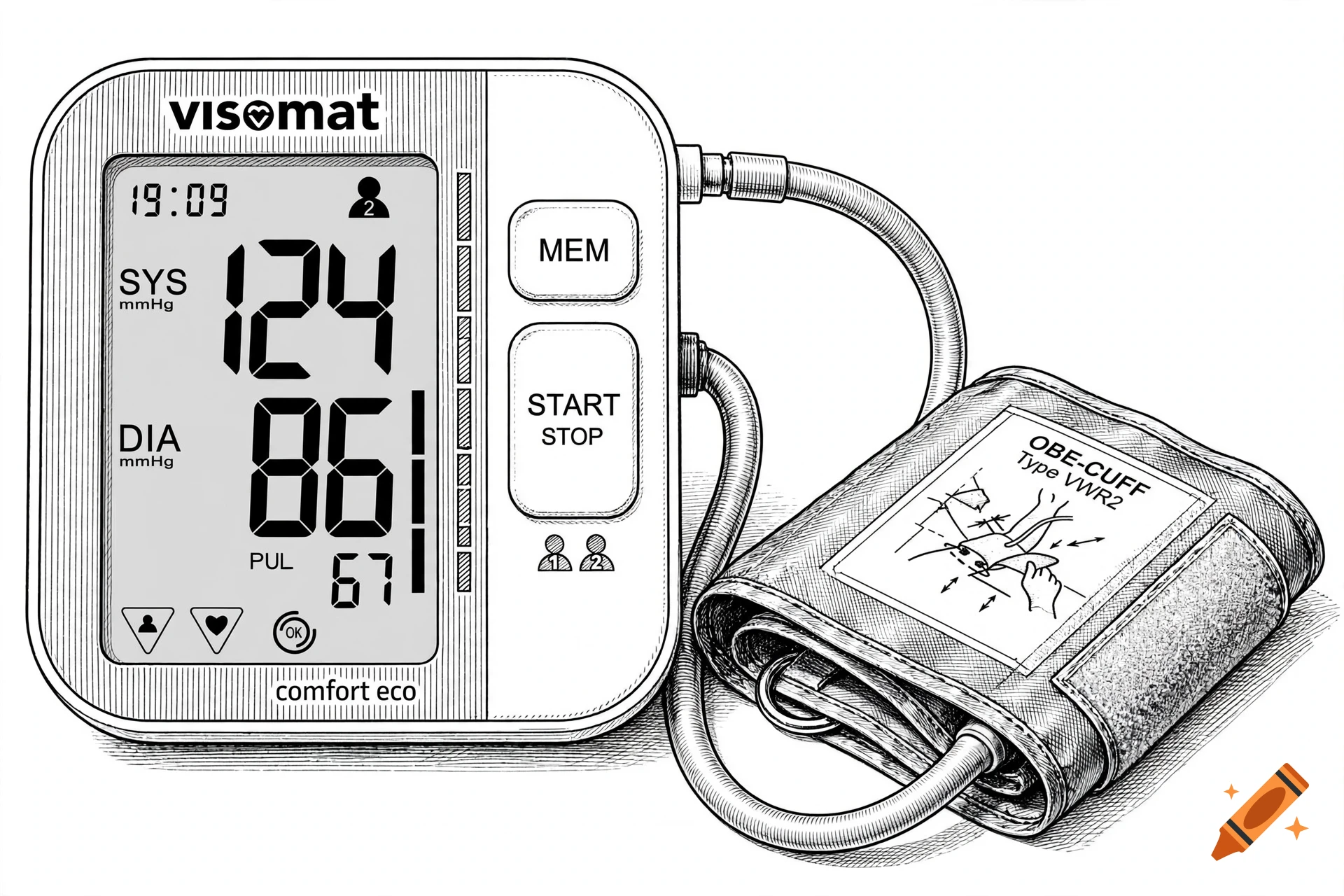 Black and white line drawing of a Visomat digital blood pressure monitor with connected cuff.