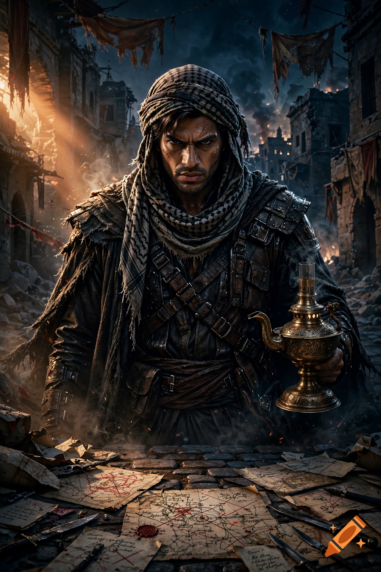 Cinematic photorealistic portrait of a rugged man in a turban holding an ornate lamp over maps and daggers in a ruined city.