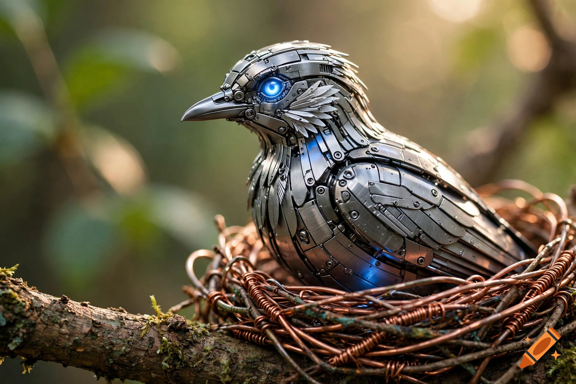 Photorealistic close-up of a metallic bird with glowing blue eyes perched in a copper wire nest on a branch.