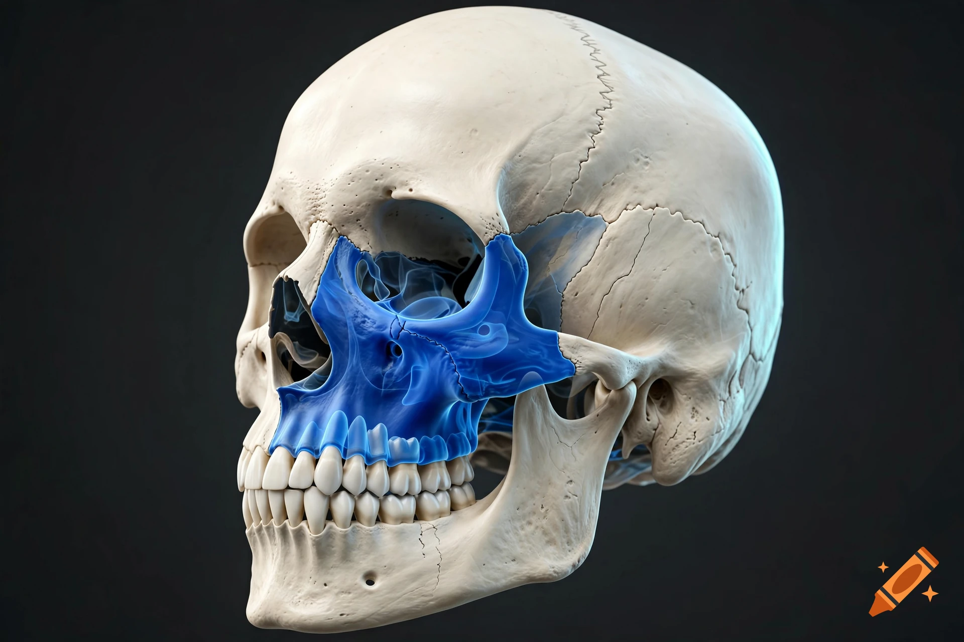 3D render of a human skull with the right maxilla highlighted in blue against a dark background.