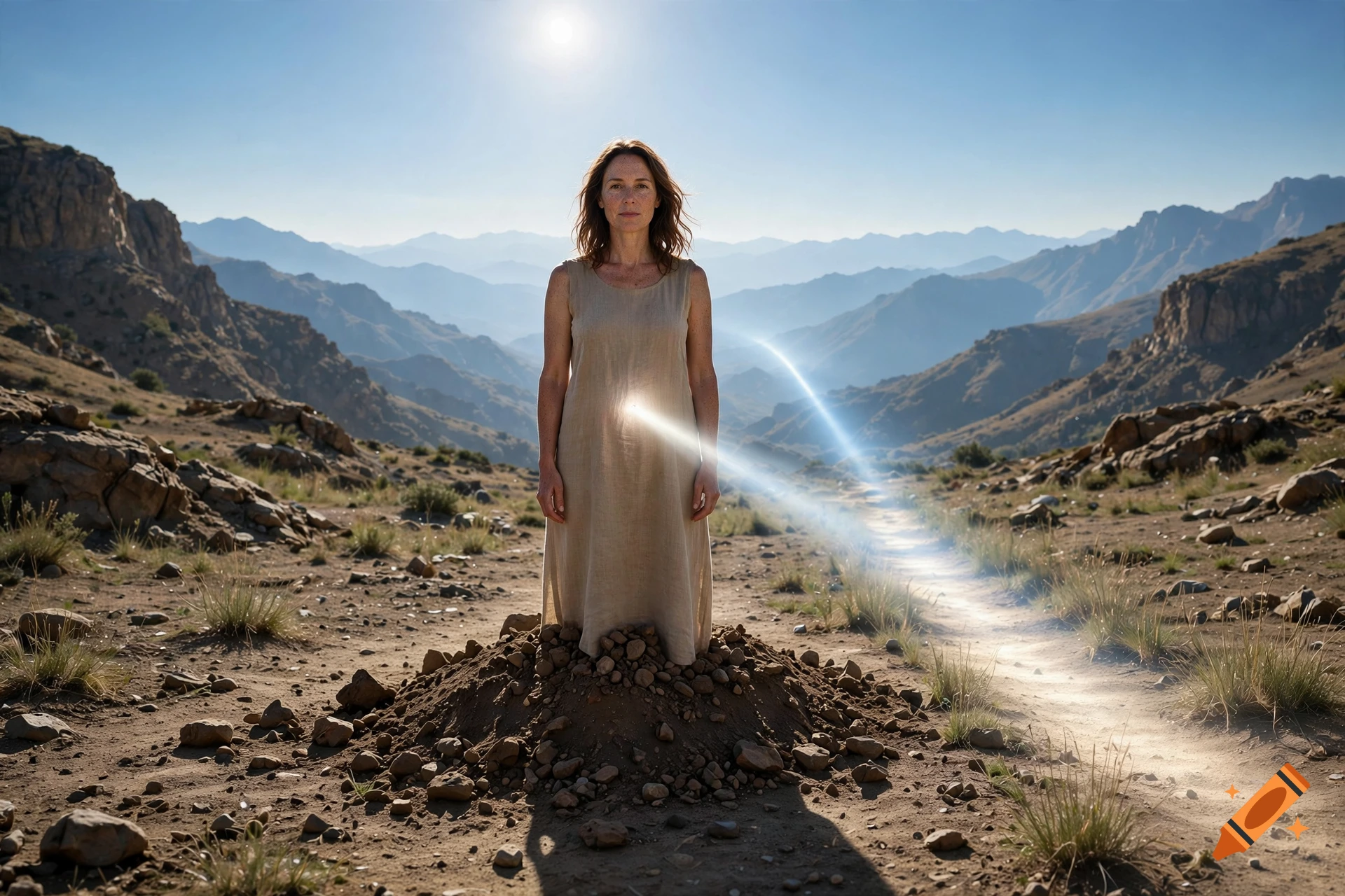 Photorealistic image of a woman standing in a rocky landscape with a beam of light coming from her navel towards mountains.
