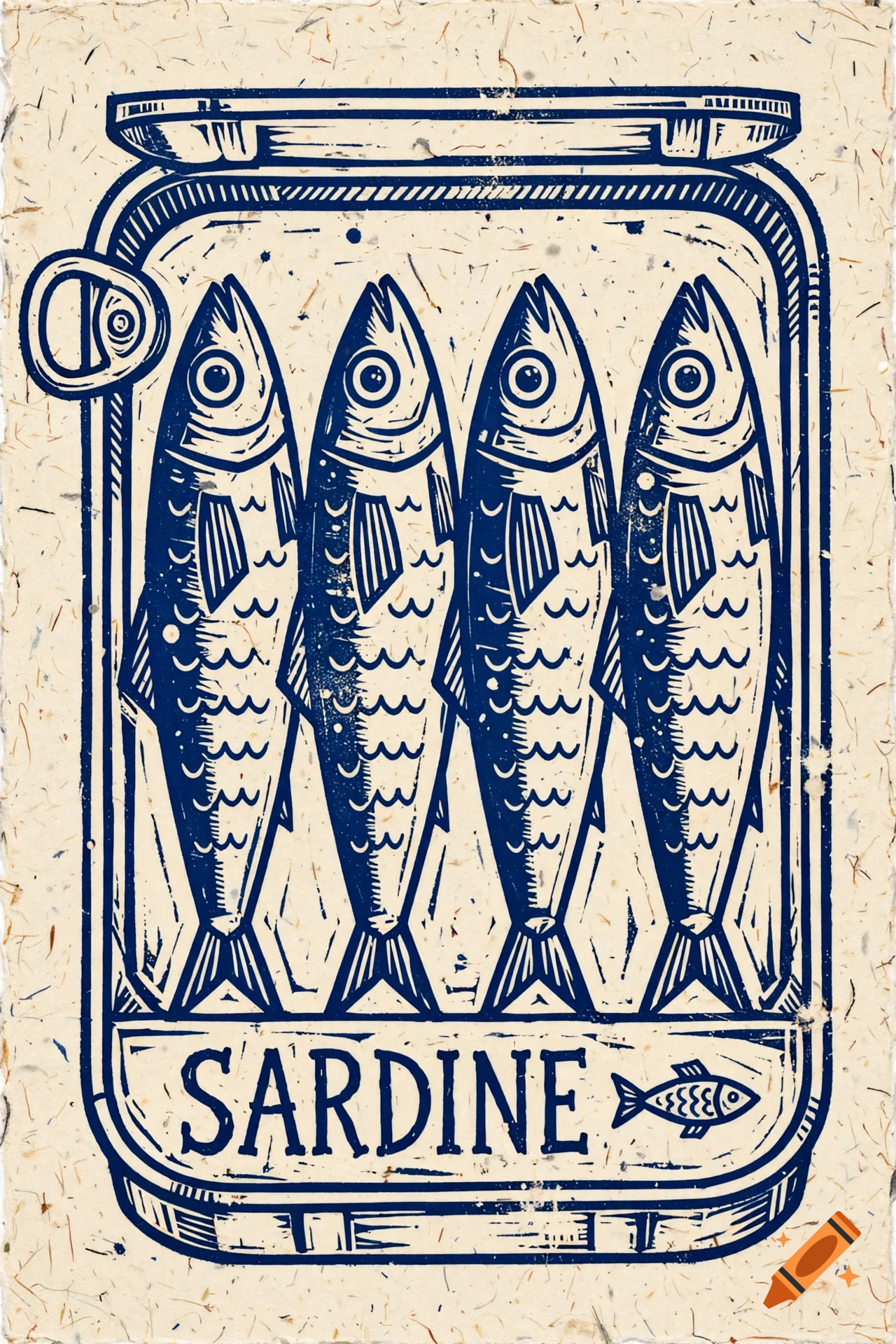 Linocut style illustration of four sardines in a can with the word SARDINE at the bottom, in blue ink on textured cream paper.