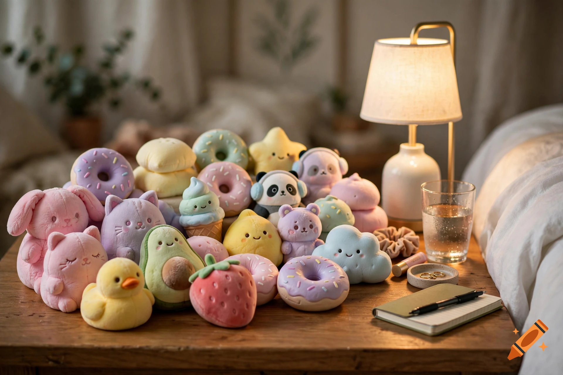 A collection of cute pastel plush toys including animals, donuts, and fruit on a wooden bedside table with a lamp, glass of water, and notebook.