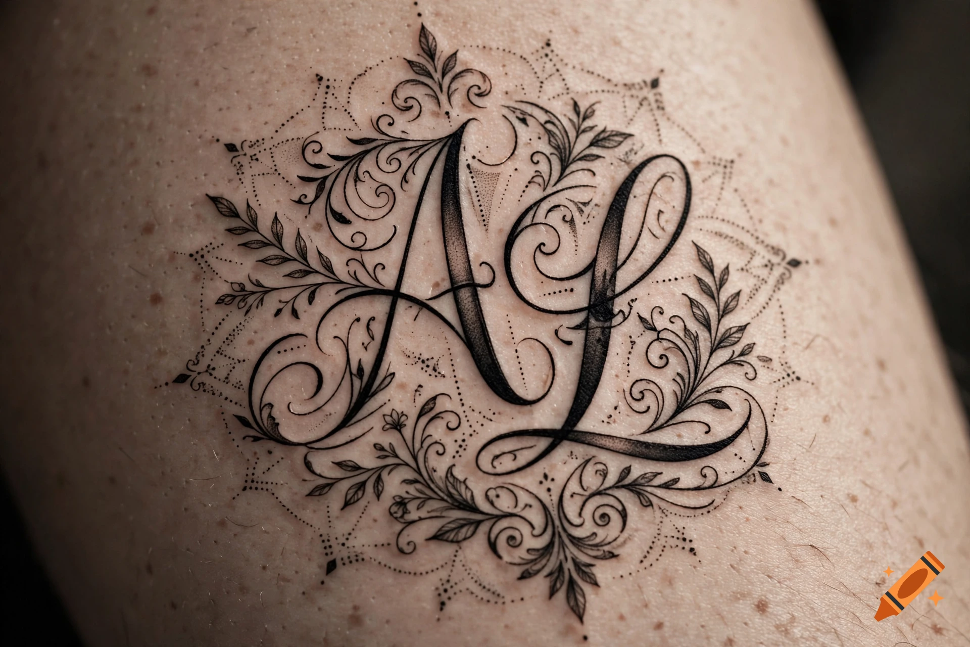 Close-up of a detailed black ink tattoo of the letters A and L surrounded by floral scrollwork and dotwork on skin, photorealistic style.
