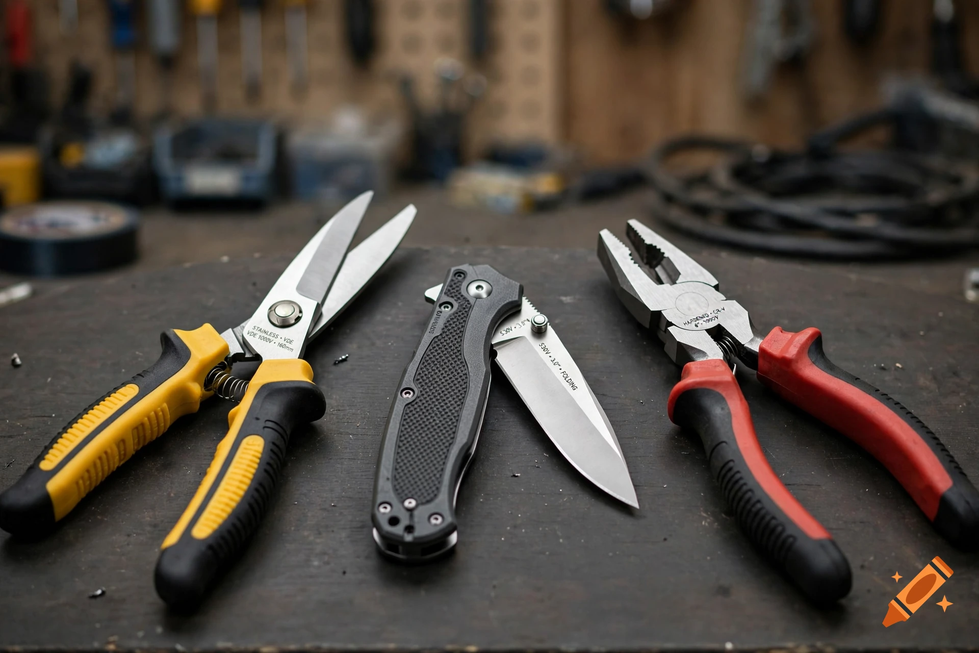 Electrician's scissors, folding knife, and pliers on a wooden workshop workbench, photorealistic.