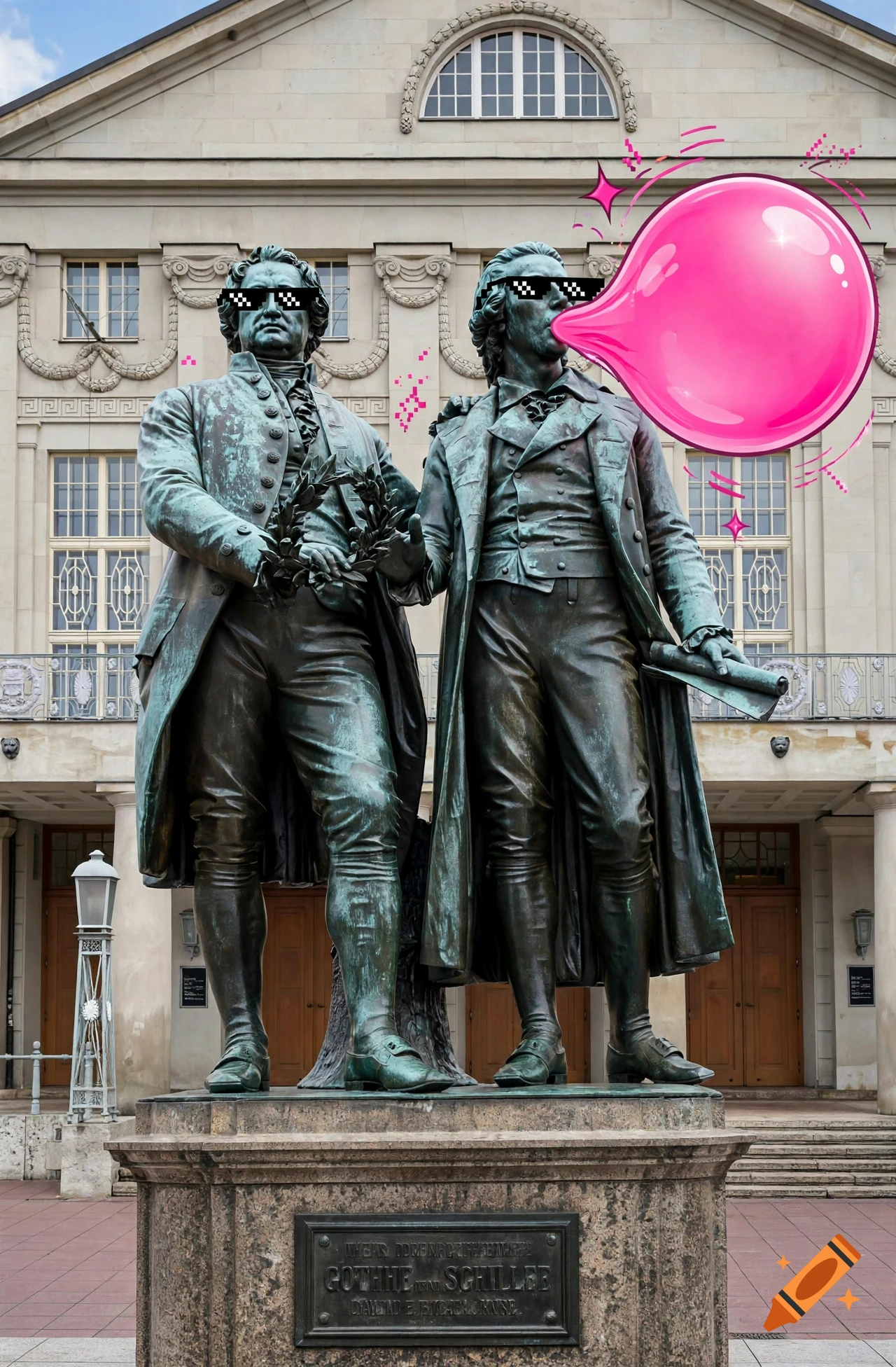 A photograph of the bronze Goethe and Schiller monument with pixelated sunglasses and a giant pink bubble gum bubble.