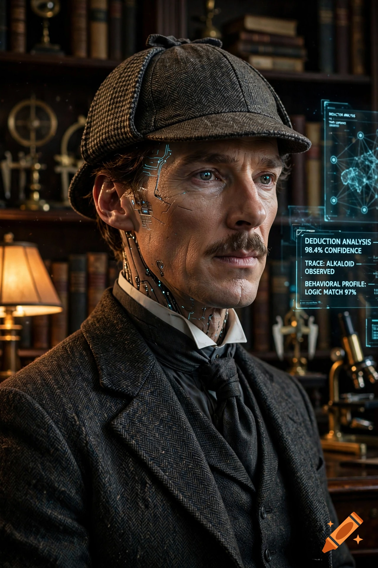 Photorealistic portrait of Sherlock Holmes with cybernetic enhancements and a futuristic UI display in a Victorian library.