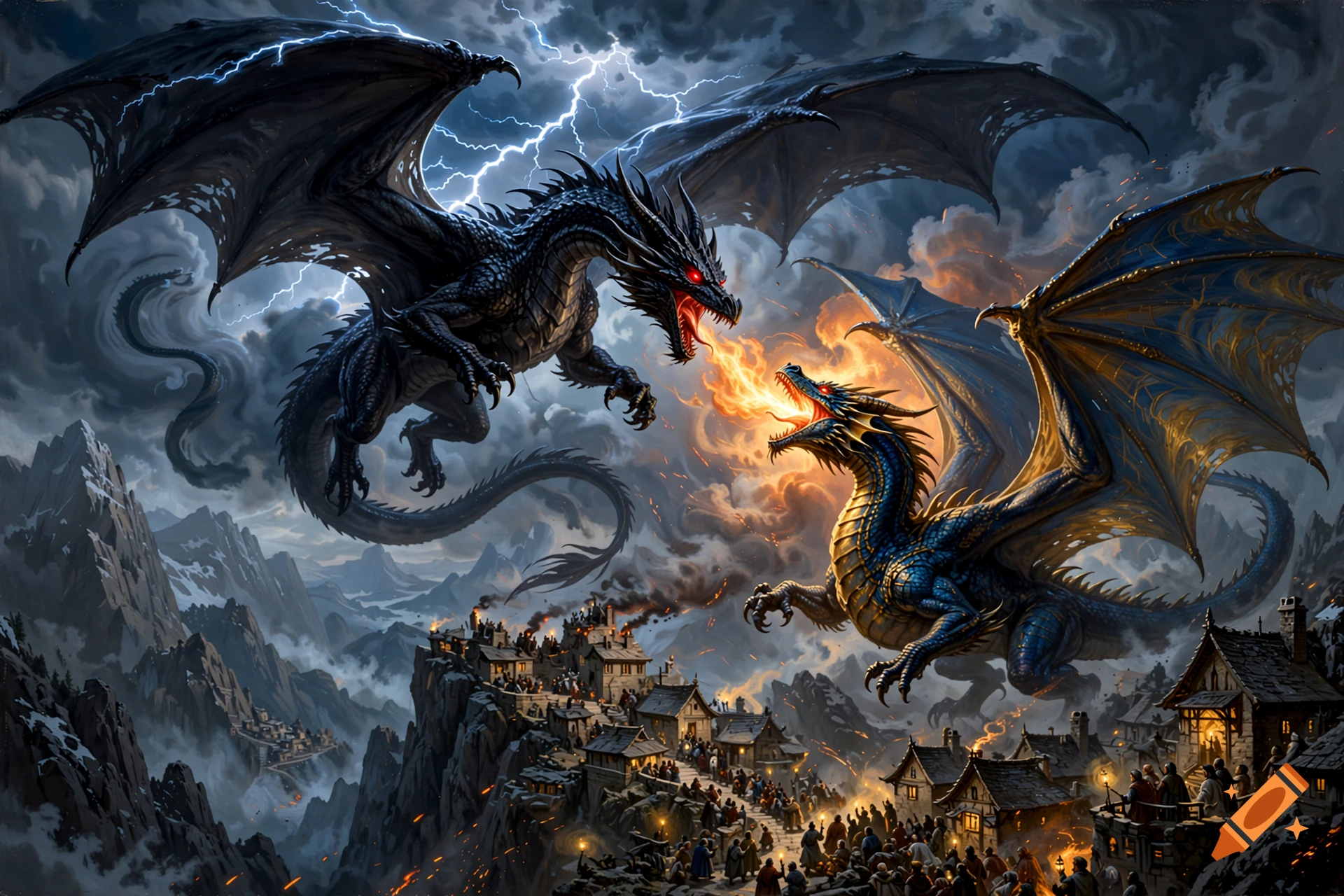Two majestic dragons fighting with fire above a mountain village while frightened villagers watch, digital fantasy art.
