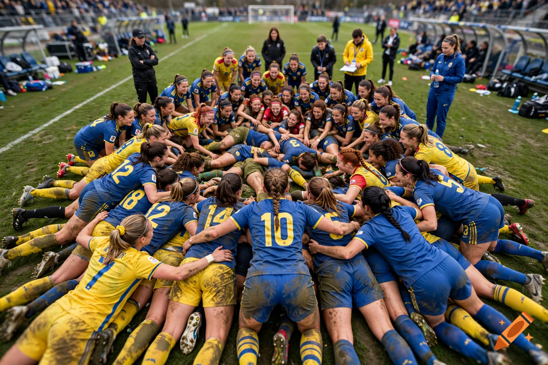 Photorealistic high-angle view of a large group of female soccer players piling on top of each other on a green field.