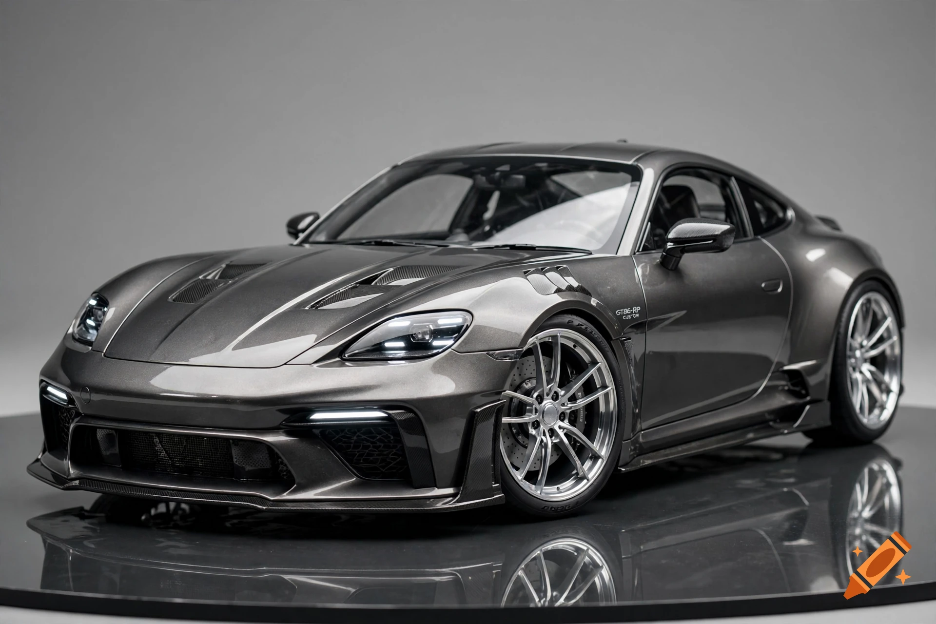 Photorealistic studio shot of a custom grey sports car with sleek lines on a reflective floor.