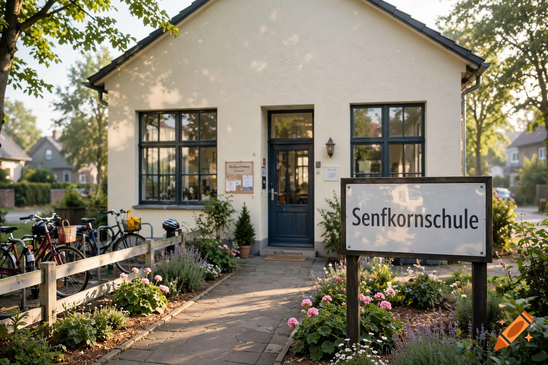 Photorealistic image of a school building with a sign reading 'Senfkornschule' and bicycles parked outside.
