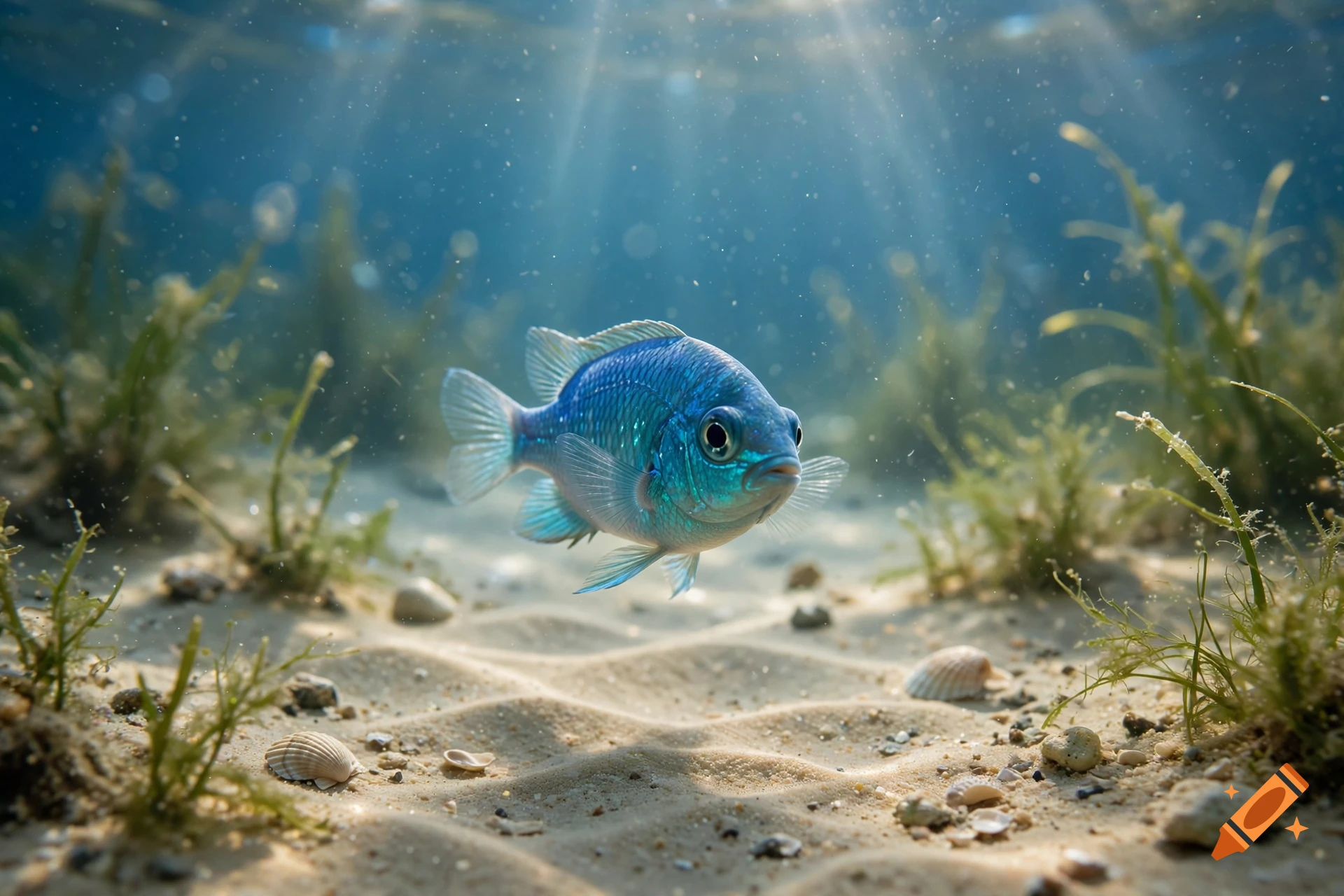 Photorealistic close-up of a small blue fish swimming above a sandy seabed with seaweed and light filtering through clear water.