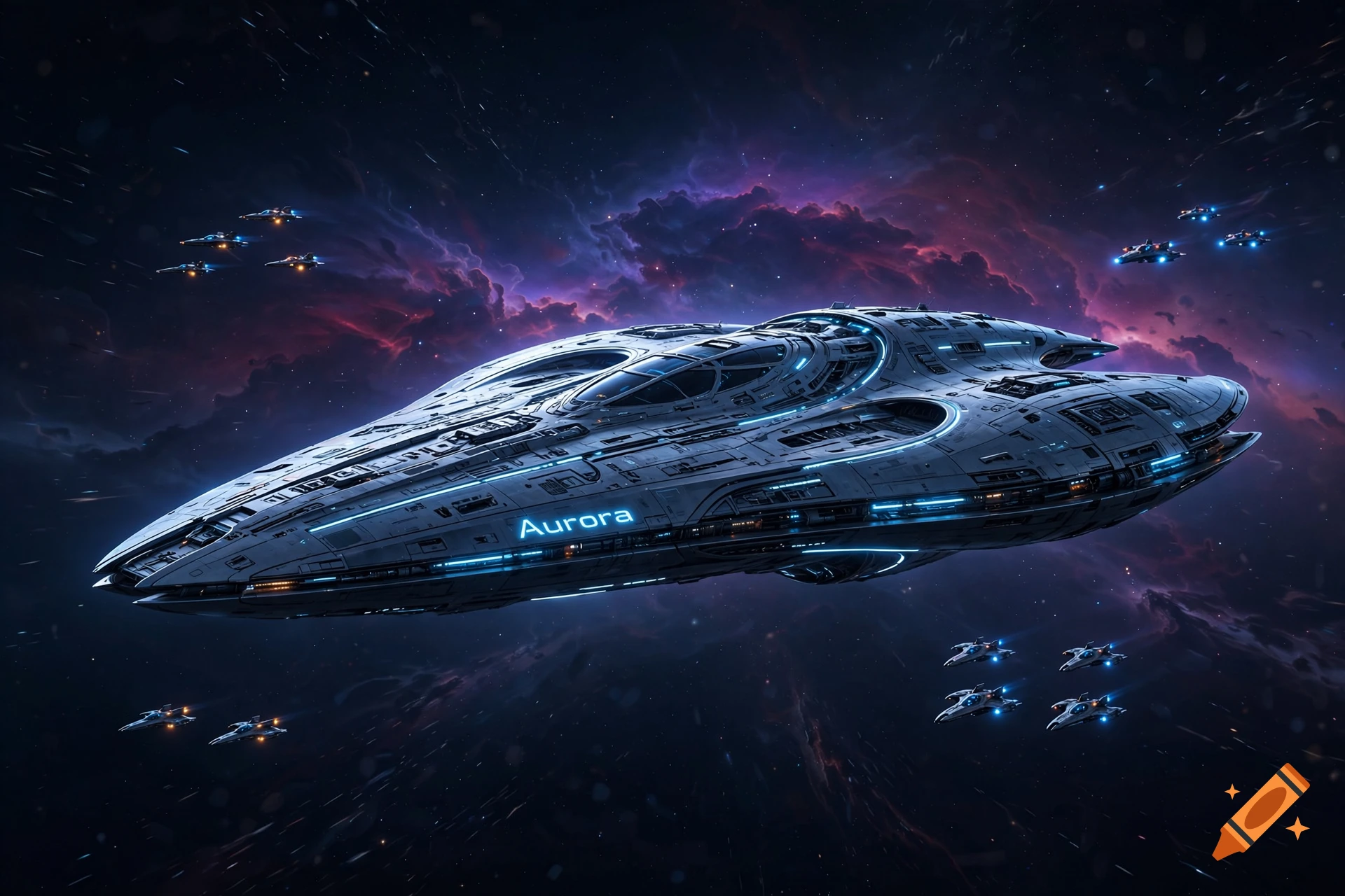 A sleek corvette-class spaceship with the name Aurora on its hull, floating in dark space with a colorful nebula and smaller fighter ships.