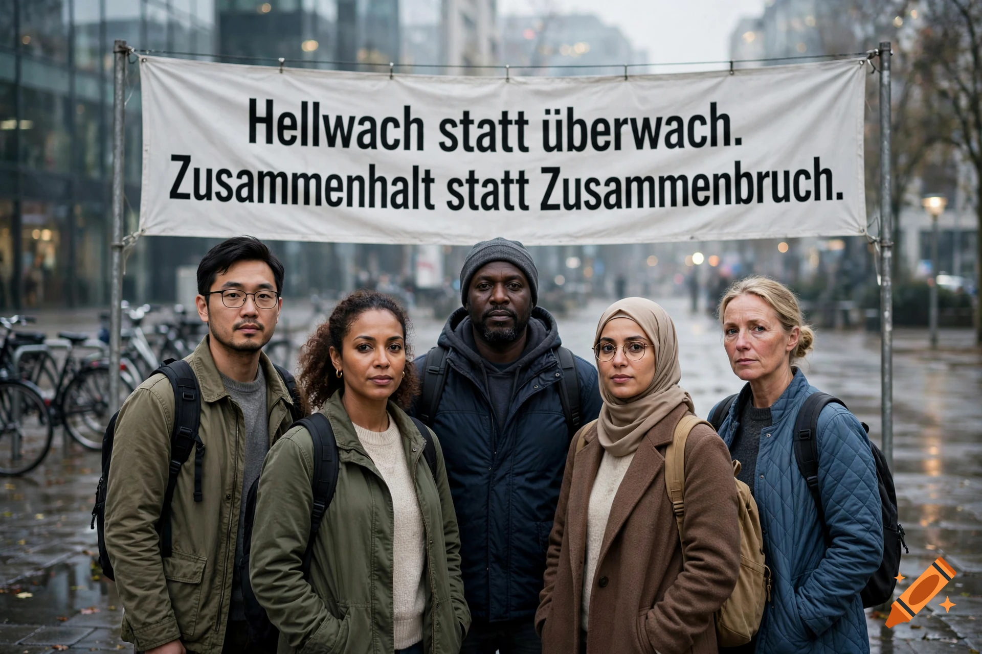 Photorealistic image of five diverse people standing in front of a banner with German text in a city street.