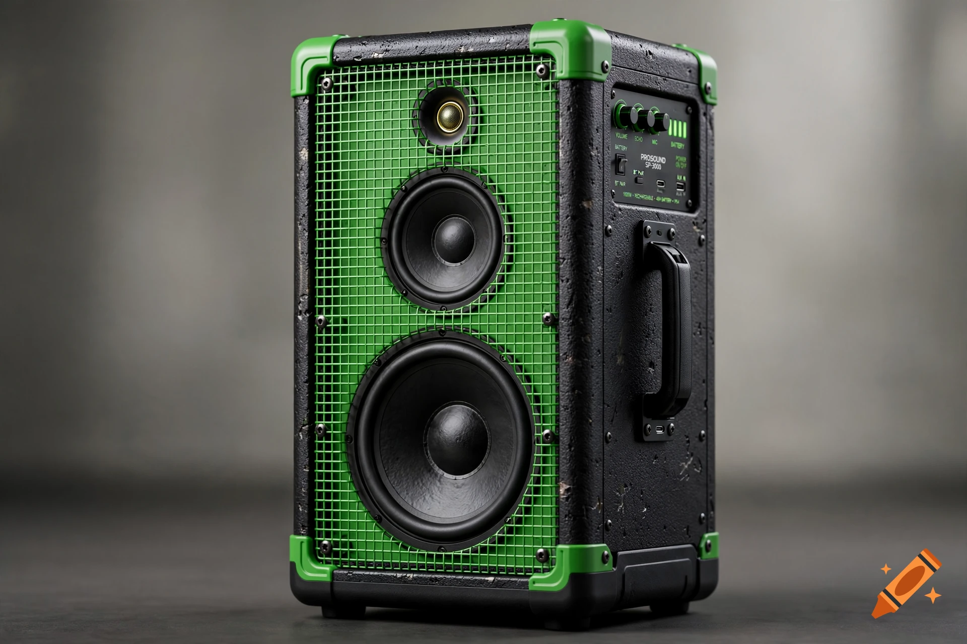 Photorealistic black portable PA speaker with vibrant green corners, mesh grille, and control panel on the side.