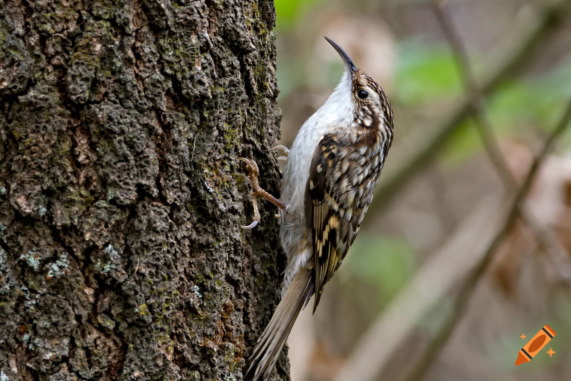 Photorealistic image of a brown and white treecreeper bird climbing vertically on a rough tree bark.