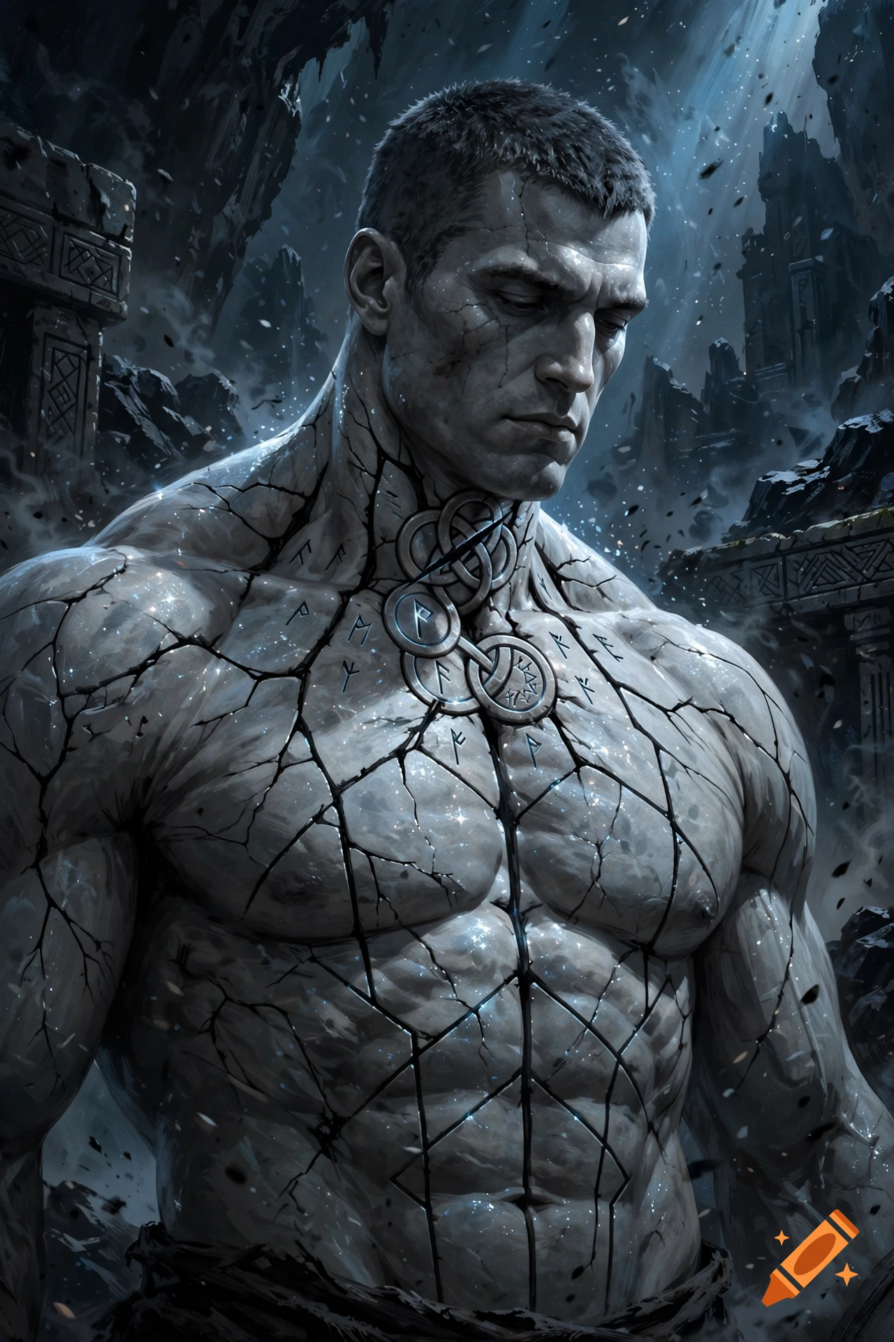 Dark fantasy digital illustration of a towering goliath warrior with stone-like cracked skin and runic carvings.
