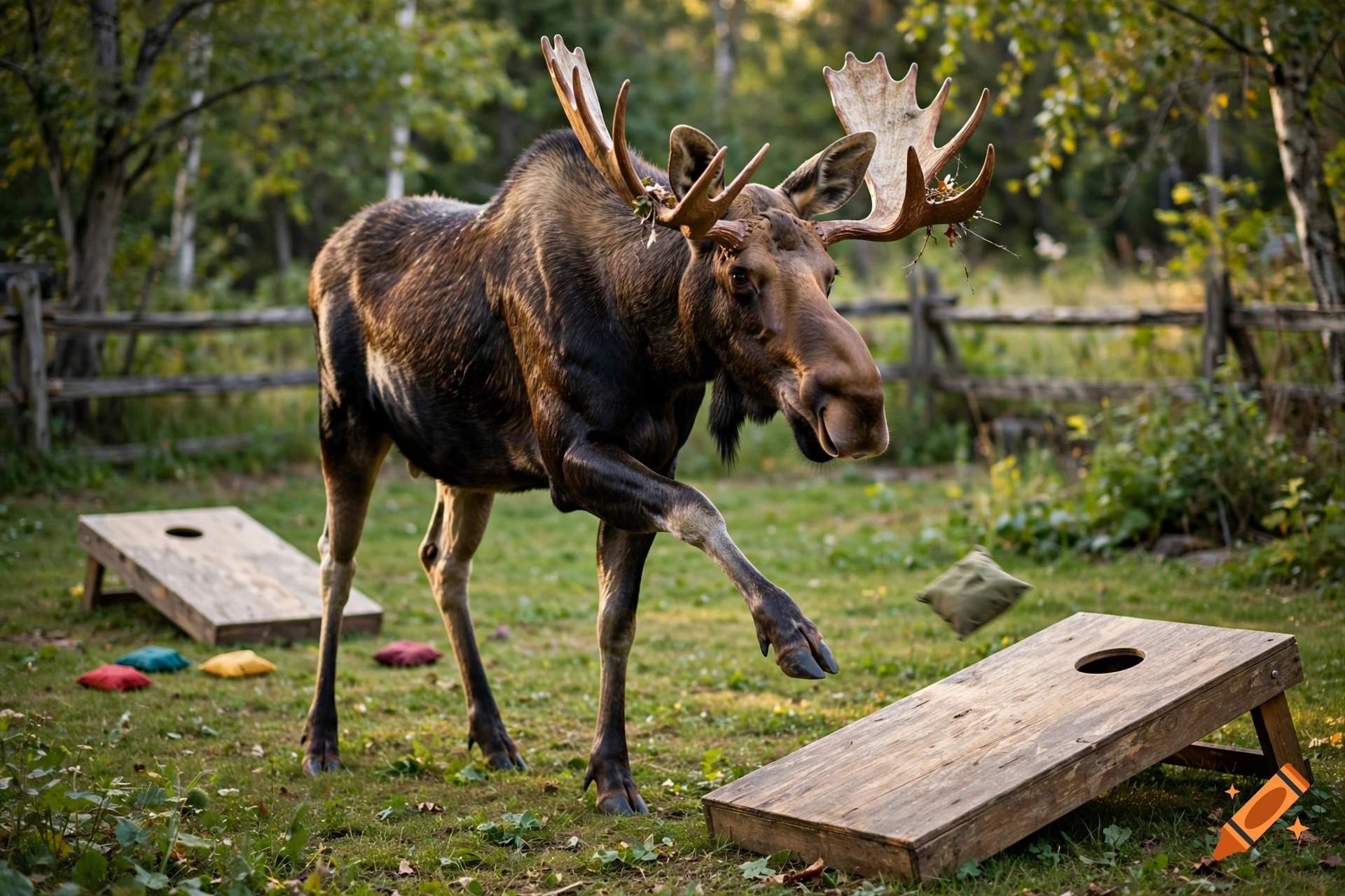 Photorealistic image of a large moose throwing a cornhole bag towards a wooden board in a grassy clearing with a fence and trees in the background.