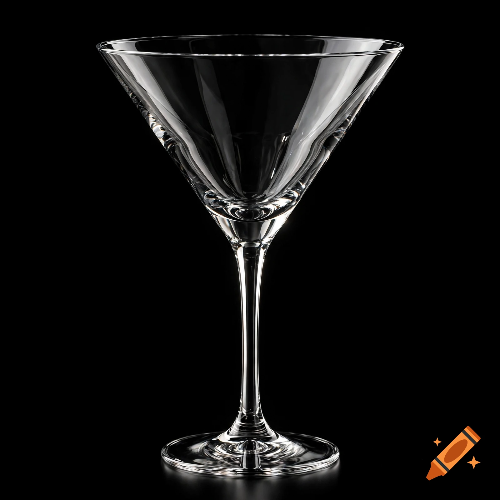 An empty clear glass martini glass stands against a plain black background, highlighting its reflections and faceted bowl.