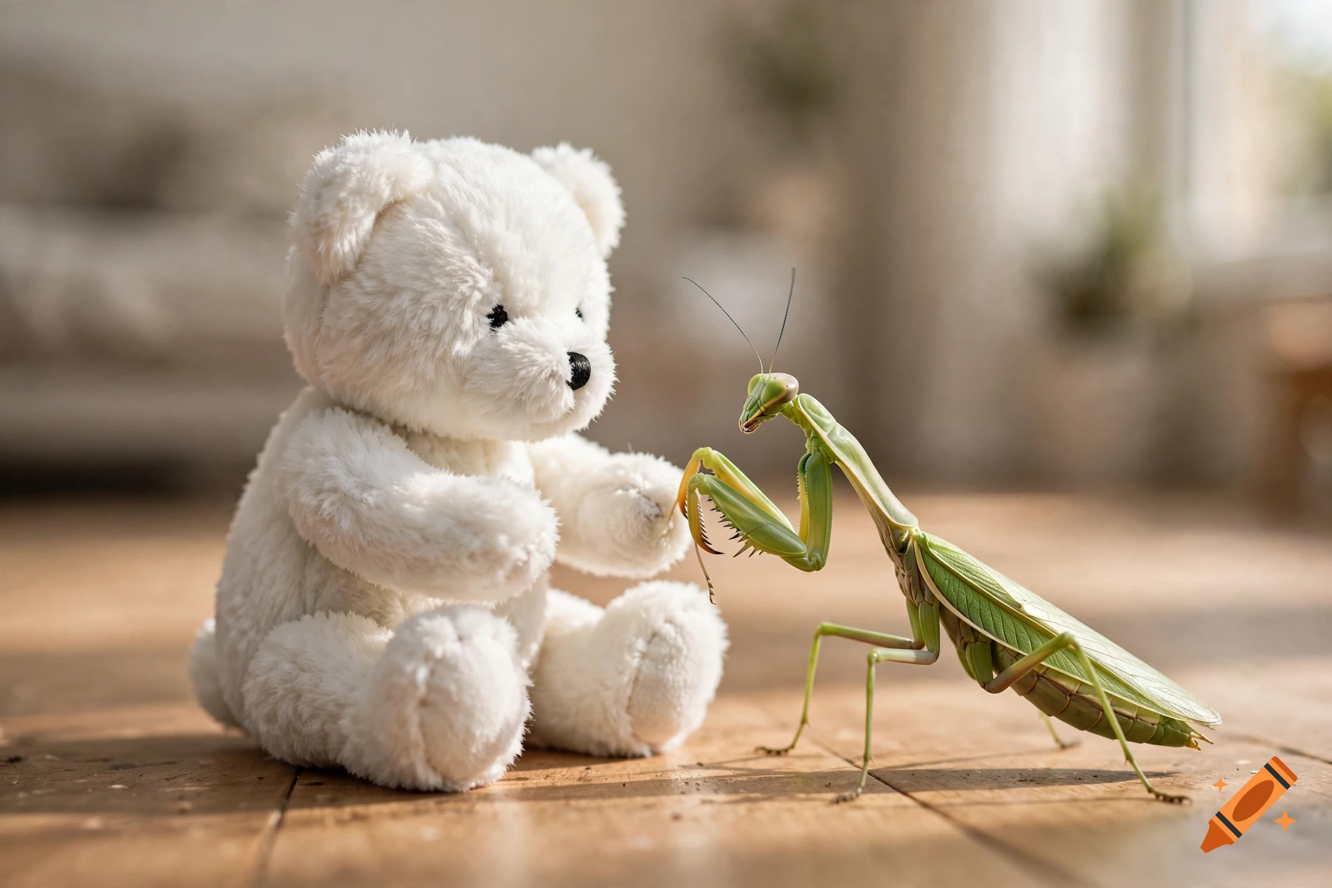 Photorealistic image of a white teddy bear sitting on a wooden floor, facing a green praying mantis.