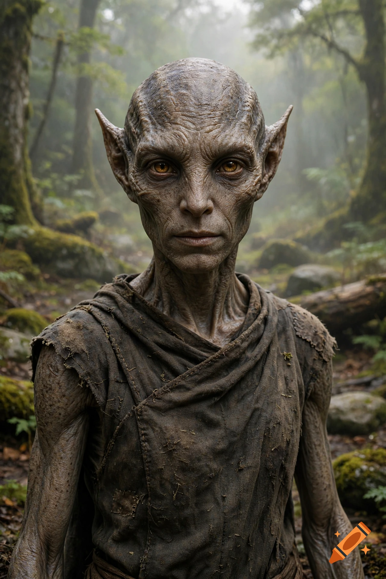 Photorealistic portrait of a humanoid alien creature with wrinkled skin and pointed ears in a misty forest.
