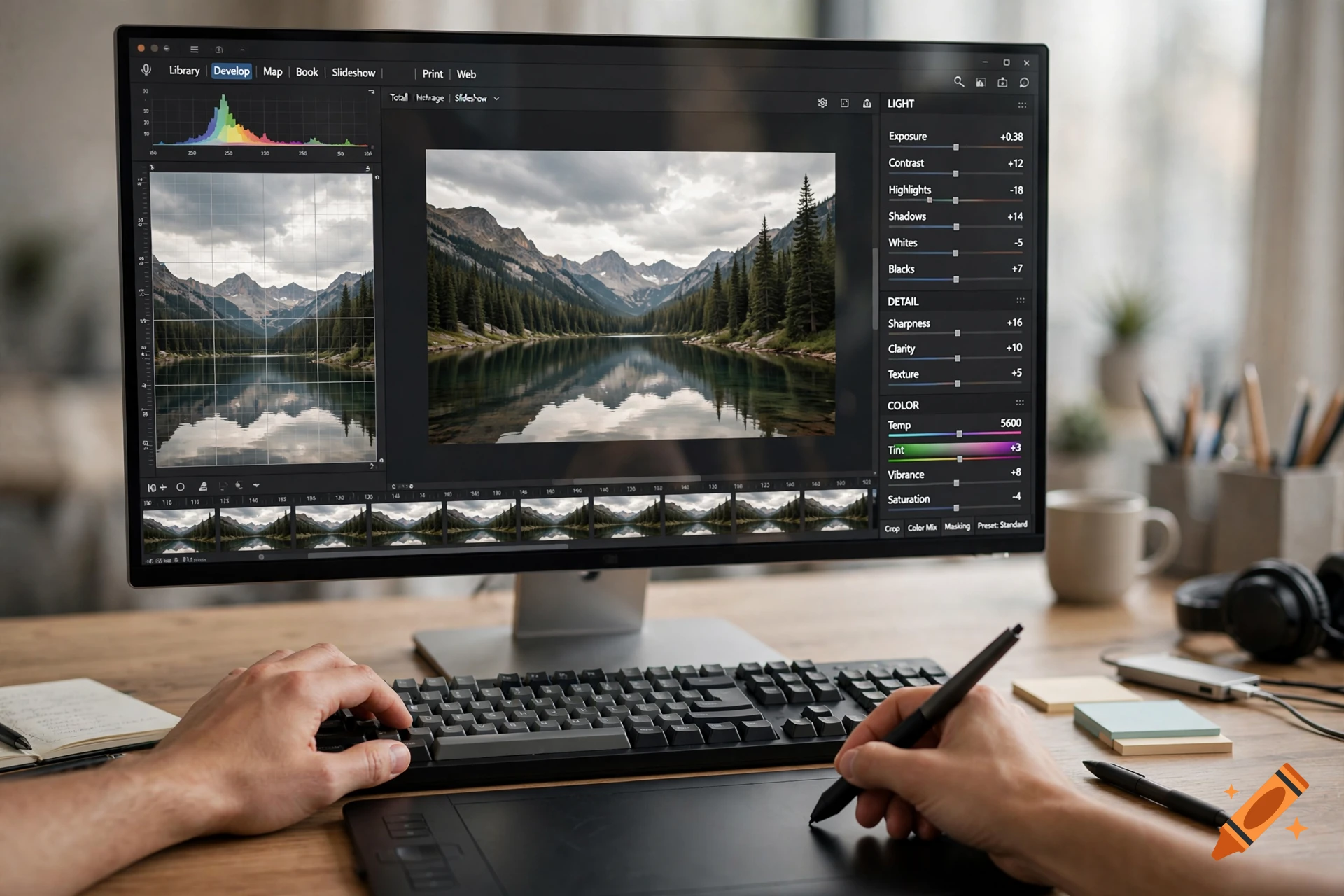 Close-up of a person editing a landscape photo on a large monitor using a keyboard and drawing tablet.