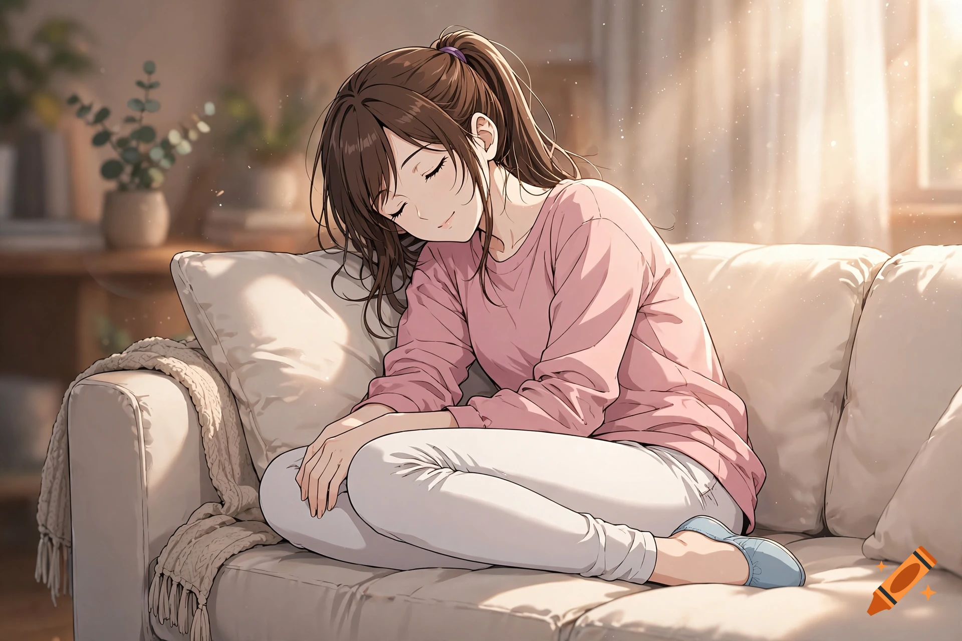 Anime style illustration of a young woman with brown hair in a ponytail sleeping on a couch.