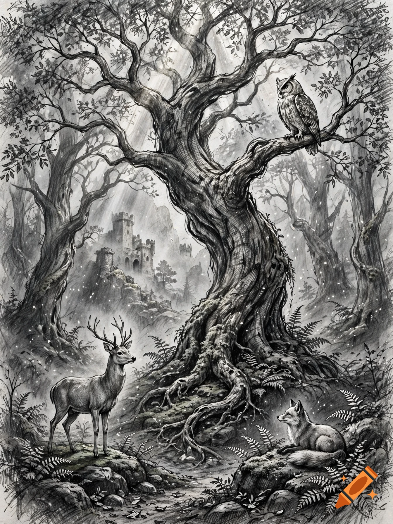 An intricate black and white drawing of an enchanted forest with a large gnarled tree in the center, a deer, a fox, an owl, and a distant castle.