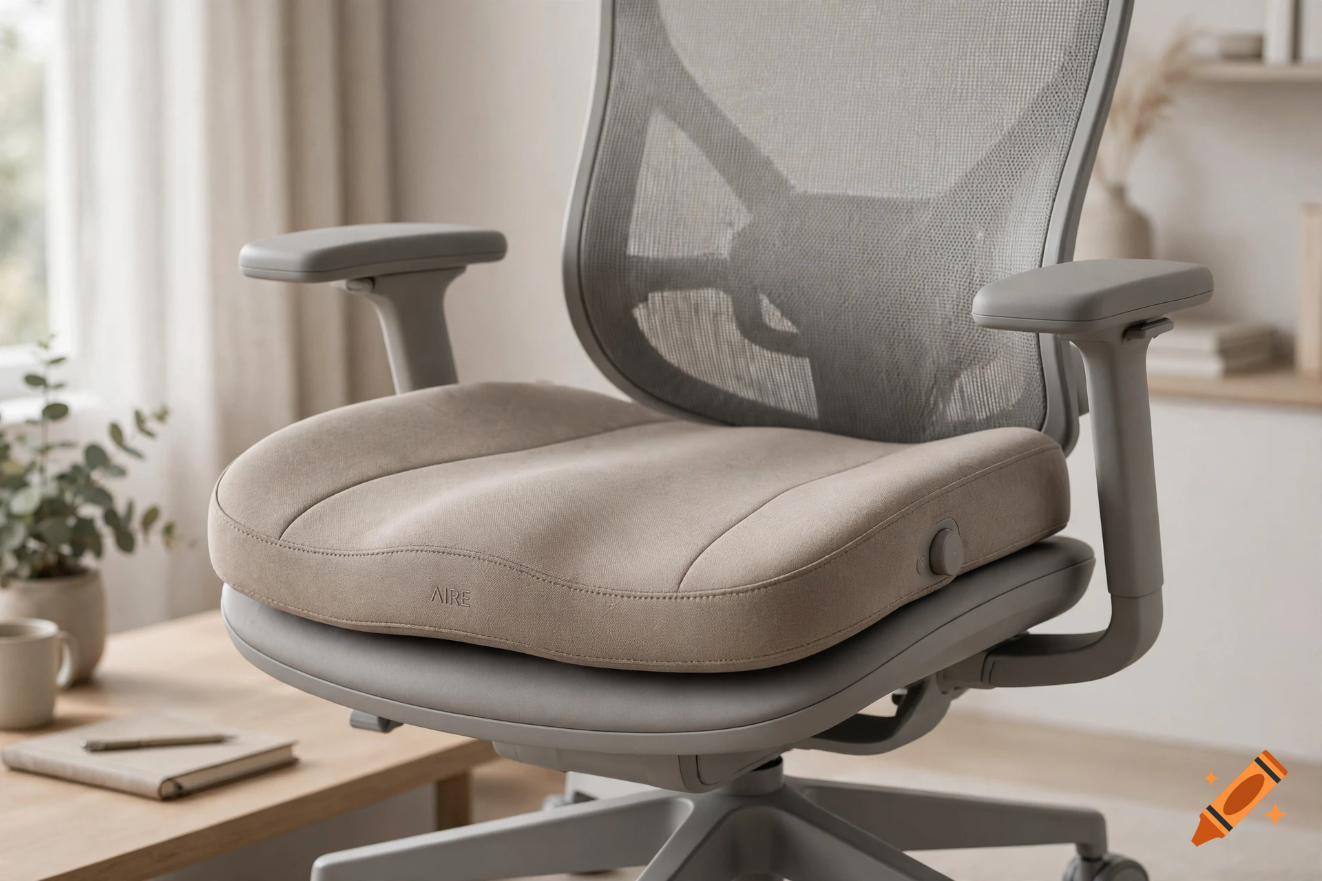 Photorealistic product photo of a neutral beige ergonomic office chair with a heating and cooling seat cushion in a bright modern room.