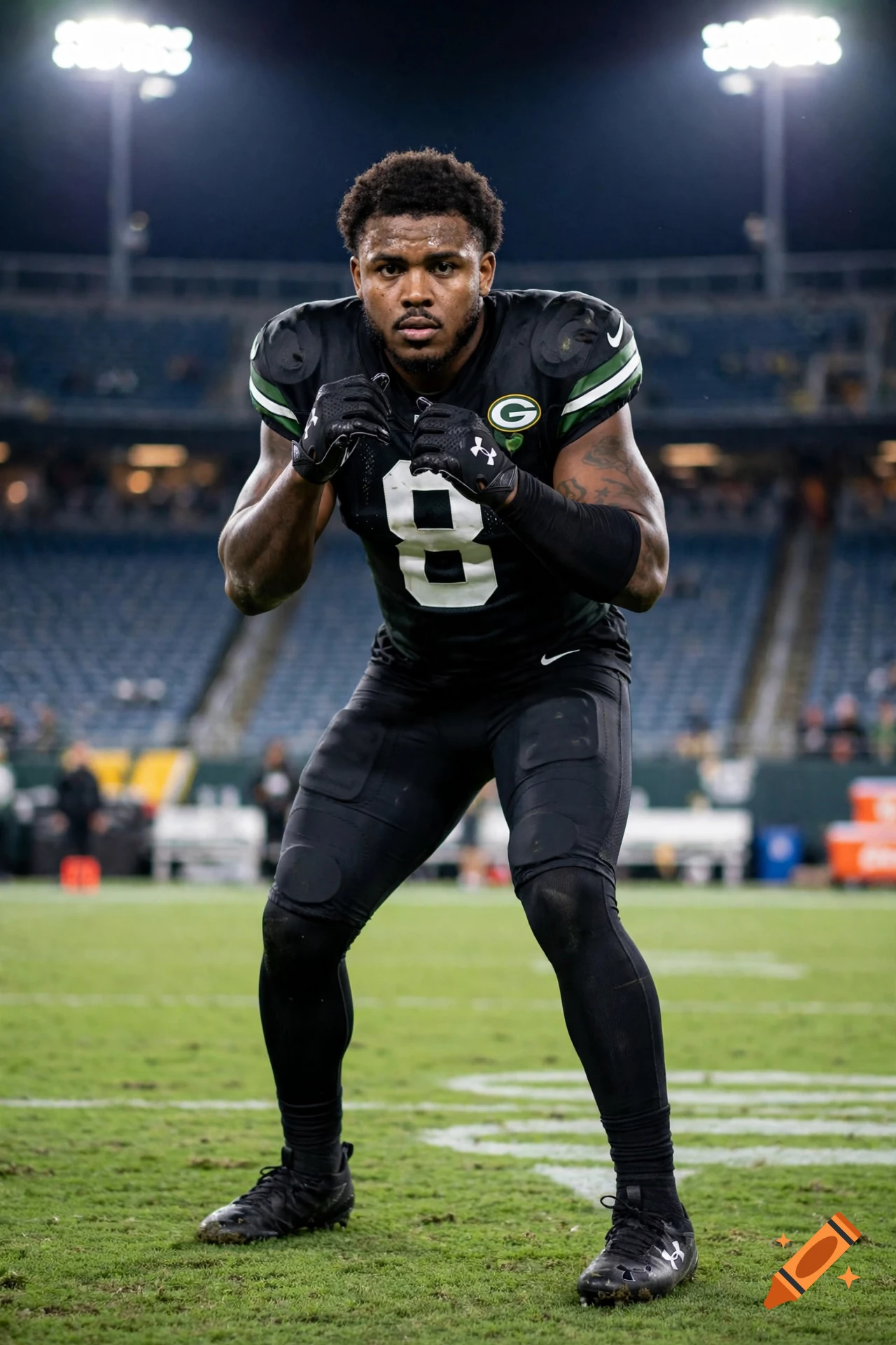 Photorealistic image of a football player in a black jersey with number 8, crouching on a green field under stadium lights.