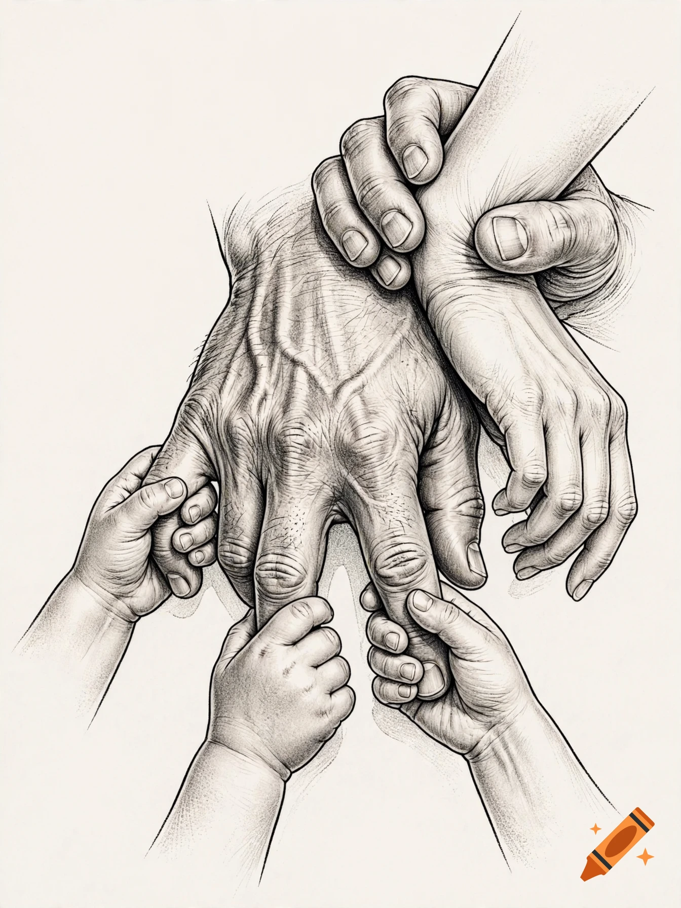 Detailed pencil sketch showing a large adult hand surrounded by multiple smaller children's hands and a woman's hand holding the wrist.