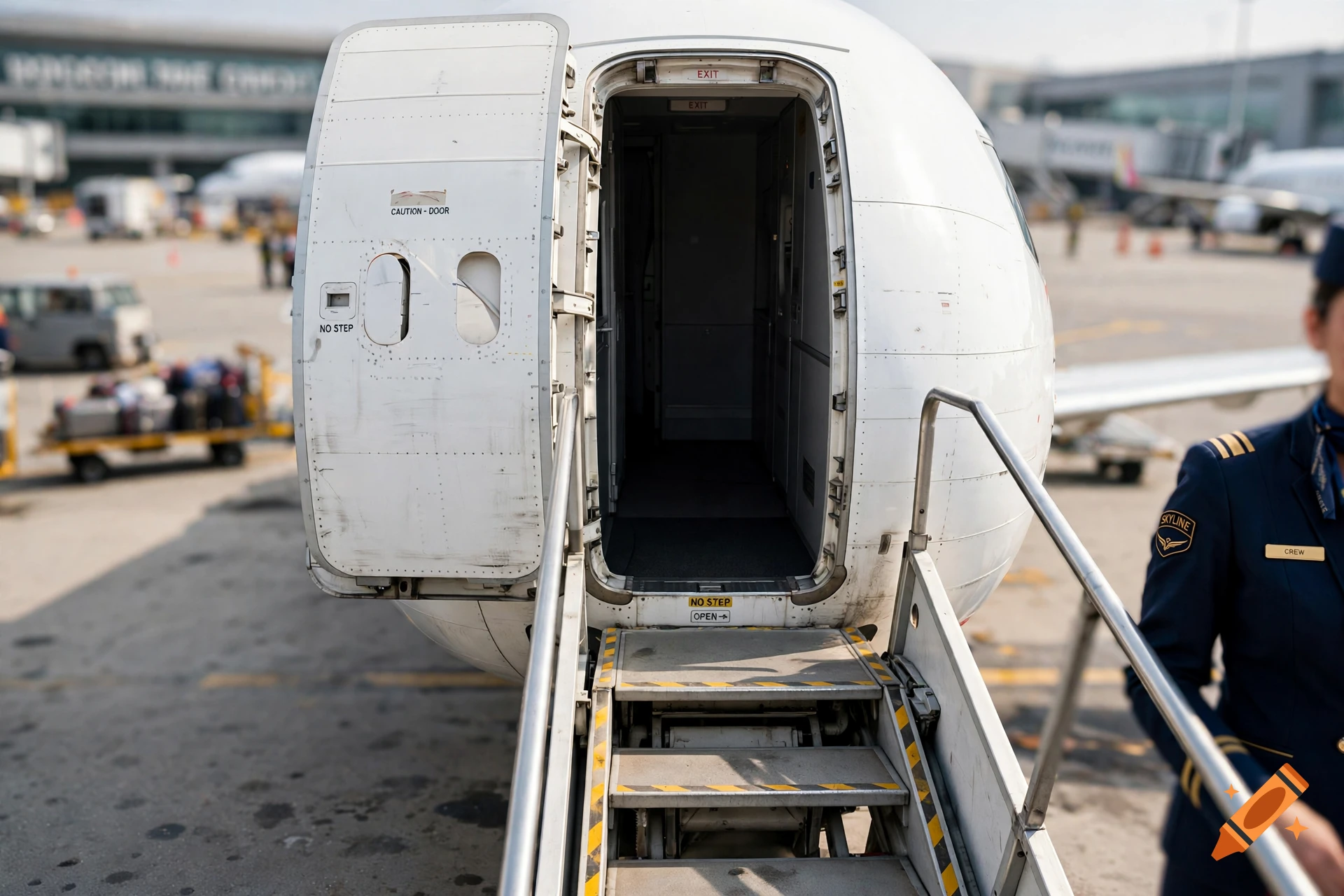 Photorealistic view of an open airplane cabin door with boarding stairs at an airport.