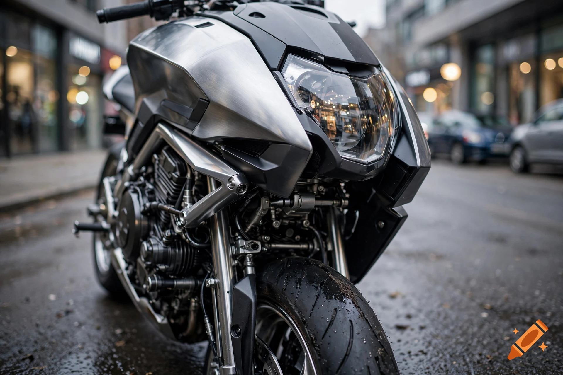 Close-up photorealistic shot of the front of a futuristic silver and black motorcycle parked on a wet city street.