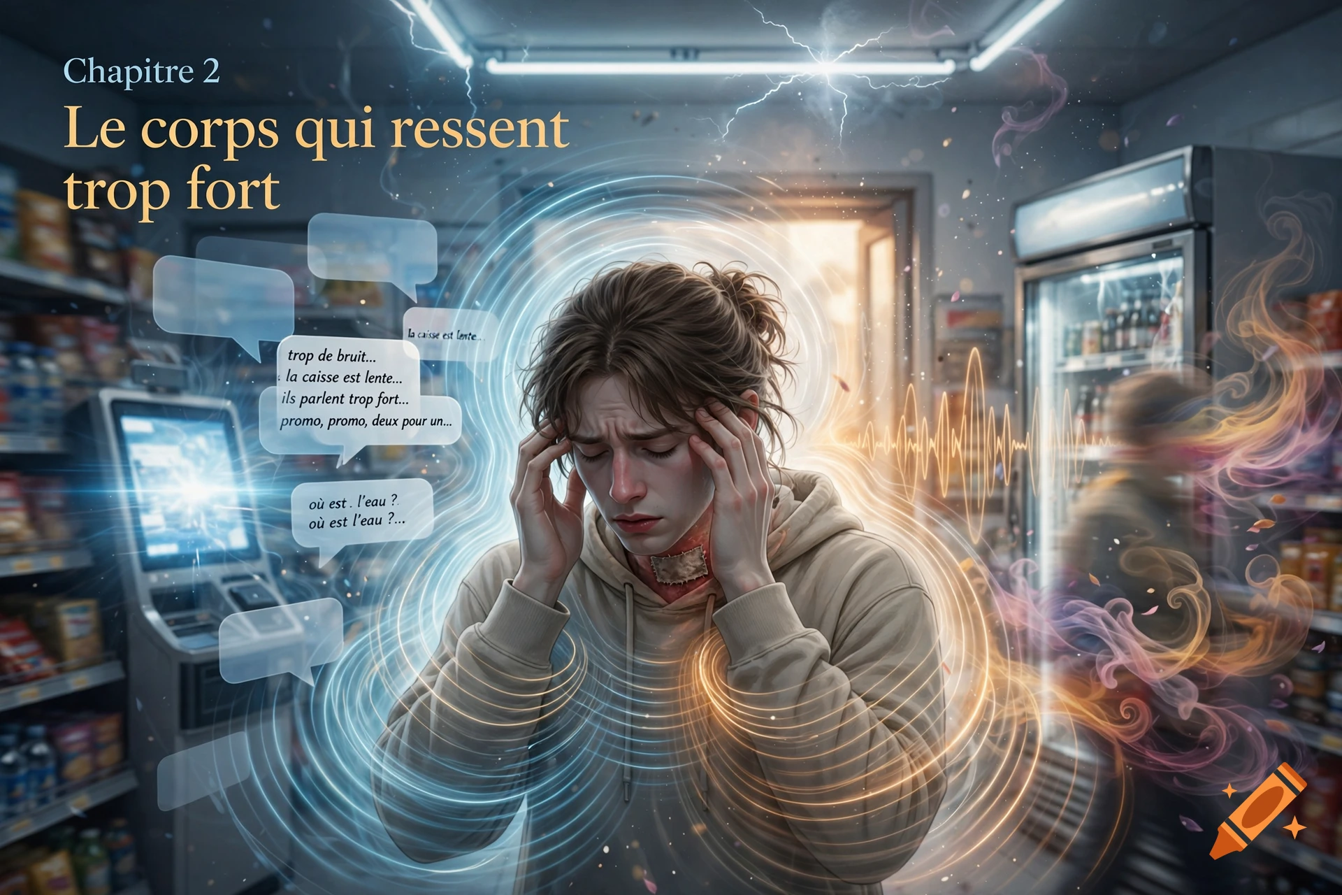 Digital illustration of a young person in a grocery store holding their head in pain, surrounded by sound waves and text bubbles representing sensory overload.